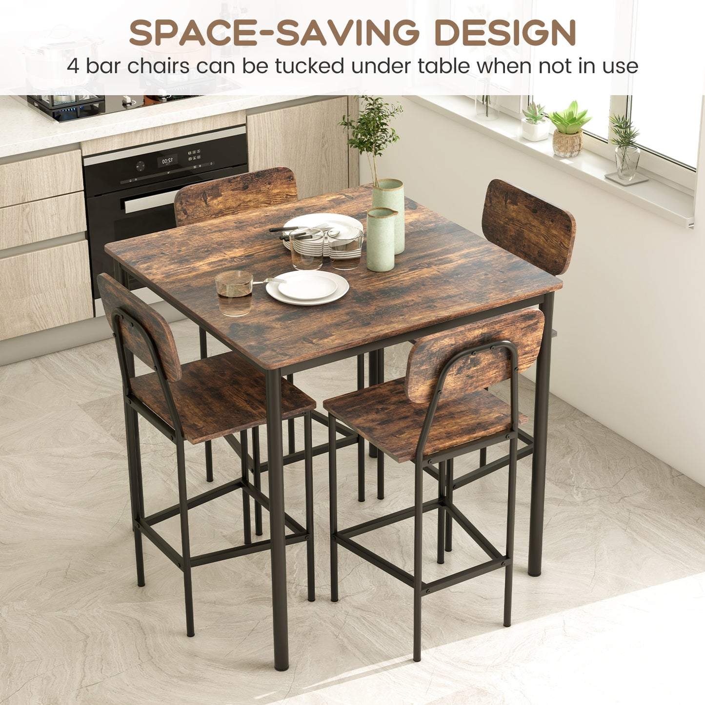 5 Pieces Industrial Dining Table Set with Counter Height Table and 4 Bar Stools-Coffee, FULLY ASSEMBLED