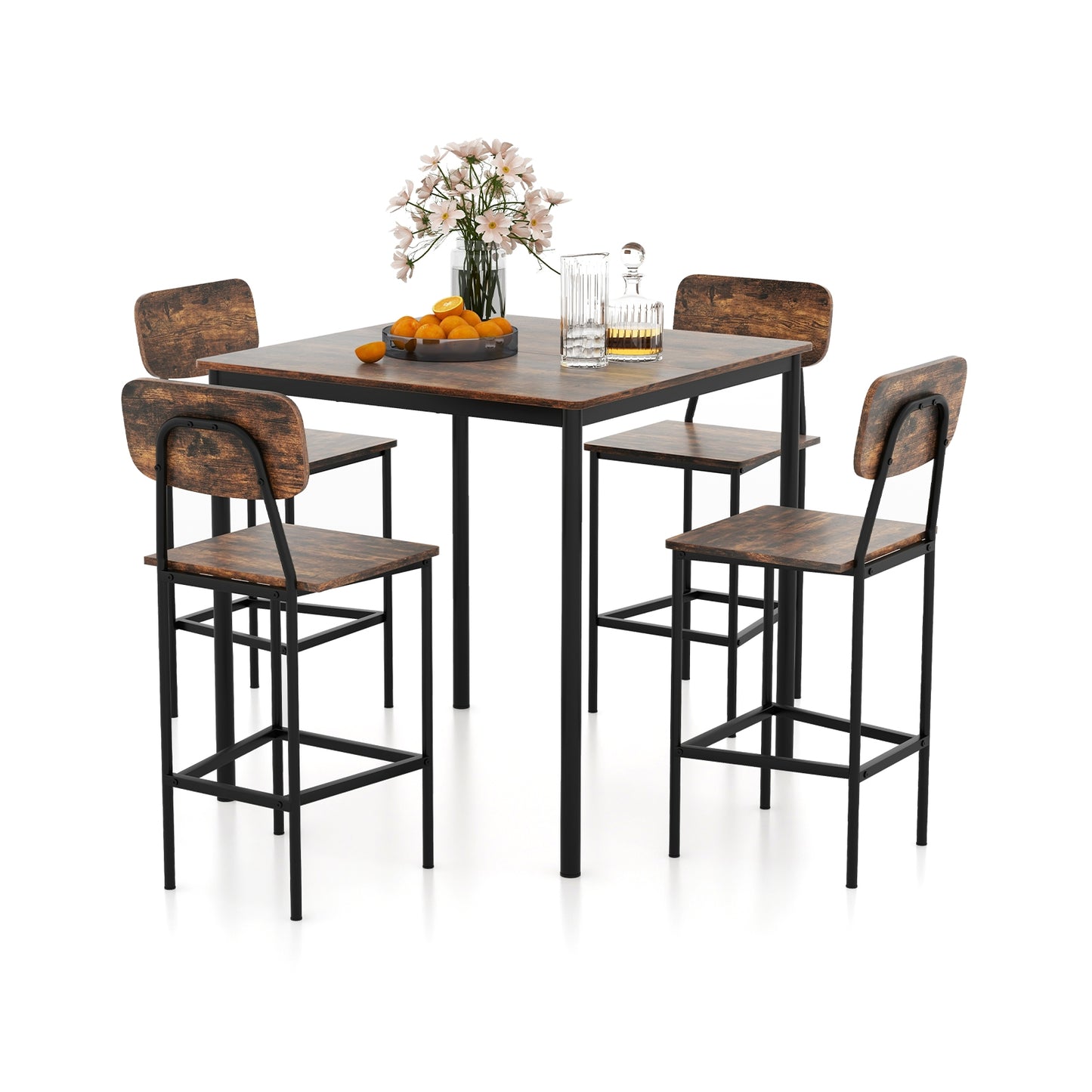 5 Pieces Industrial Dining Table Set with Counter Height Table and 4 Bar Stools-Coffee, FULLY ASSEMBLED