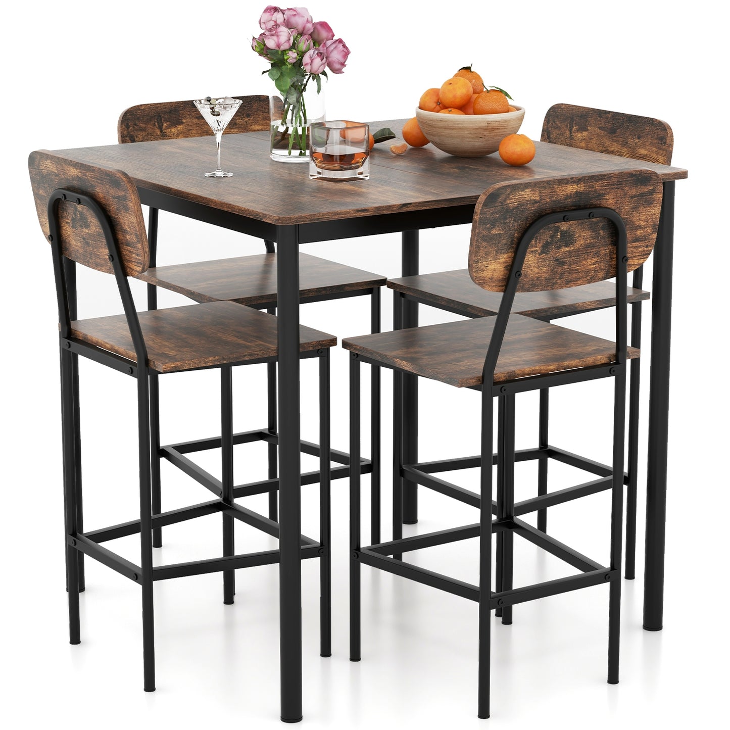 5 Pieces Industrial Dining Table Set with Counter Height Table and 4 Bar Stools-Coffee, FULLY ASSEMBLED