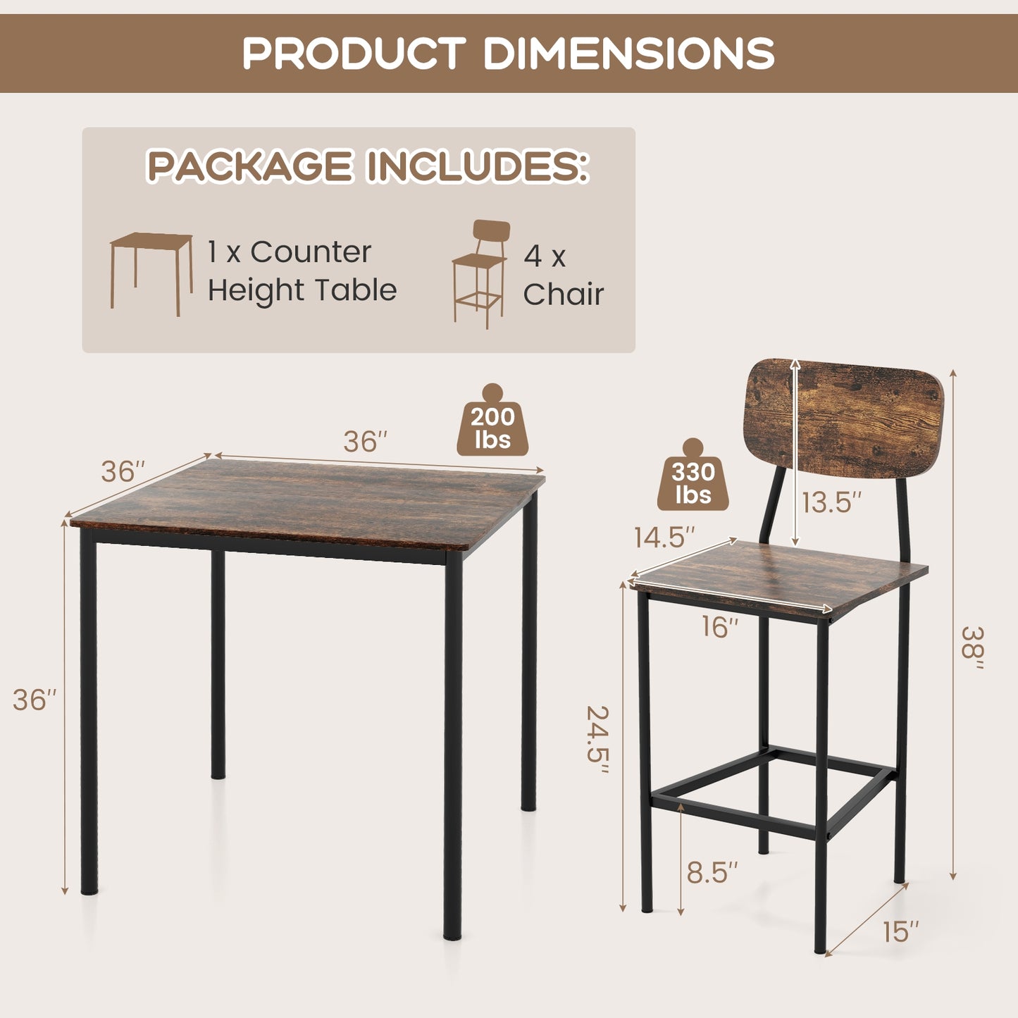 5 Pieces Industrial Dining Table Set with Counter Height Table and 4 Bar Stools-Coffee, FULLY ASSEMBLED