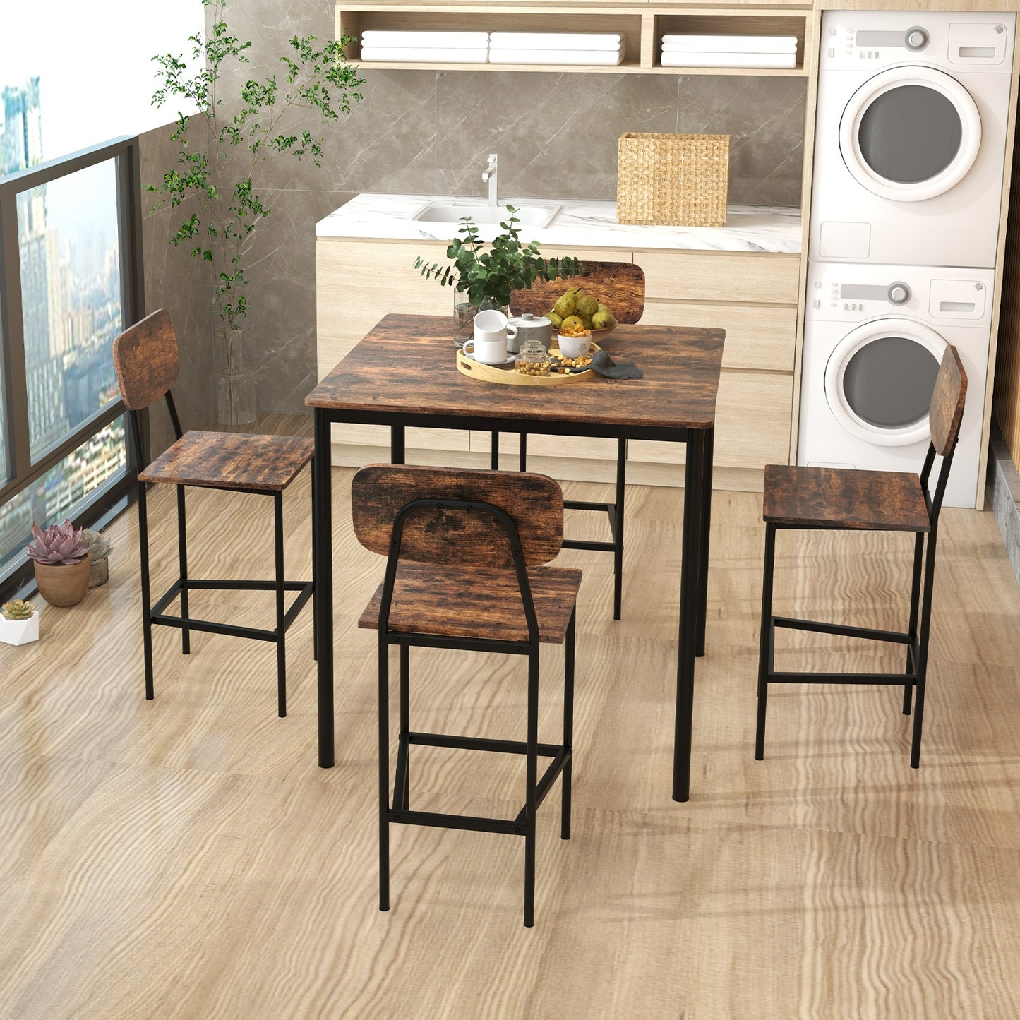 5 Pieces Industrial Dining Table Set with Counter Height Table and 4 Bar Stools-Coffee, FULLY ASSEMBLED
