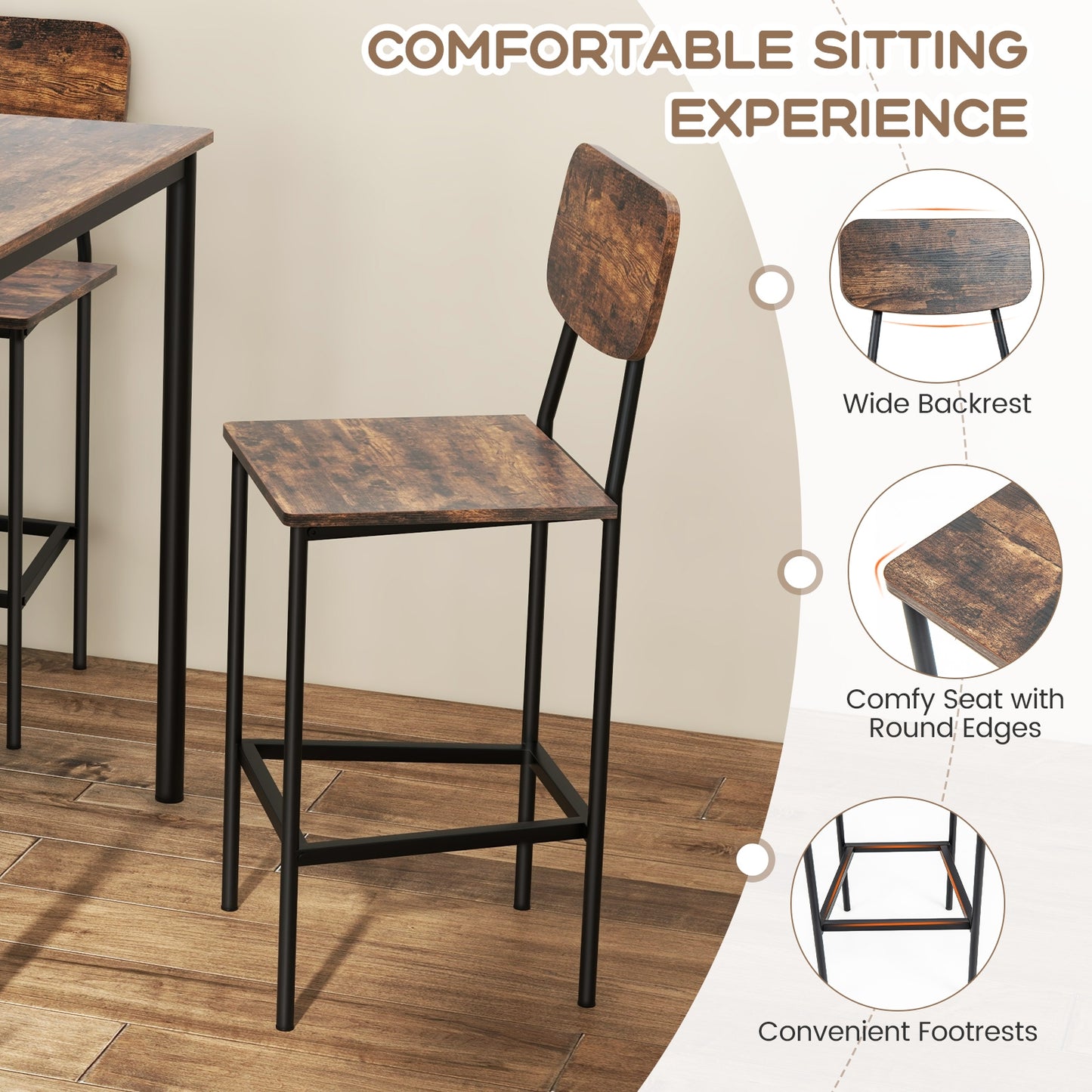 5 Pieces Industrial Dining Table Set with Counter Height Table and 4 Bar Stools-Coffee, FULLY ASSEMBLED