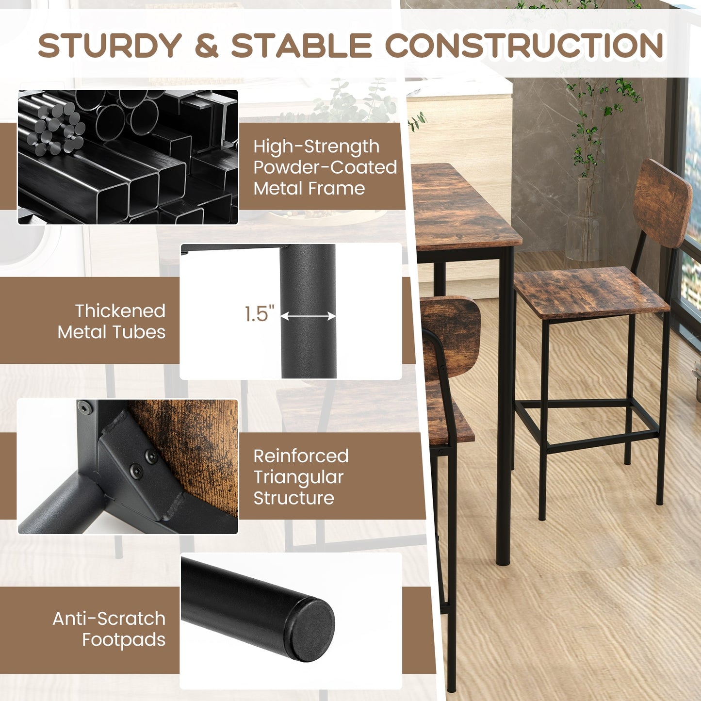 5 Pieces Industrial Dining Table Set with Counter Height Table and 4 Bar Stools-Coffee, FULLY ASSEMBLED