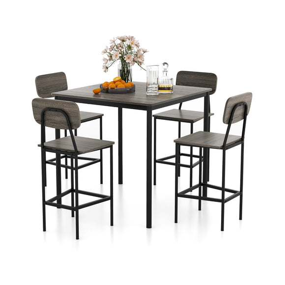 5-Piece Counter-Height Dining Bar Table Set with 4 Bar Chairs-Gray