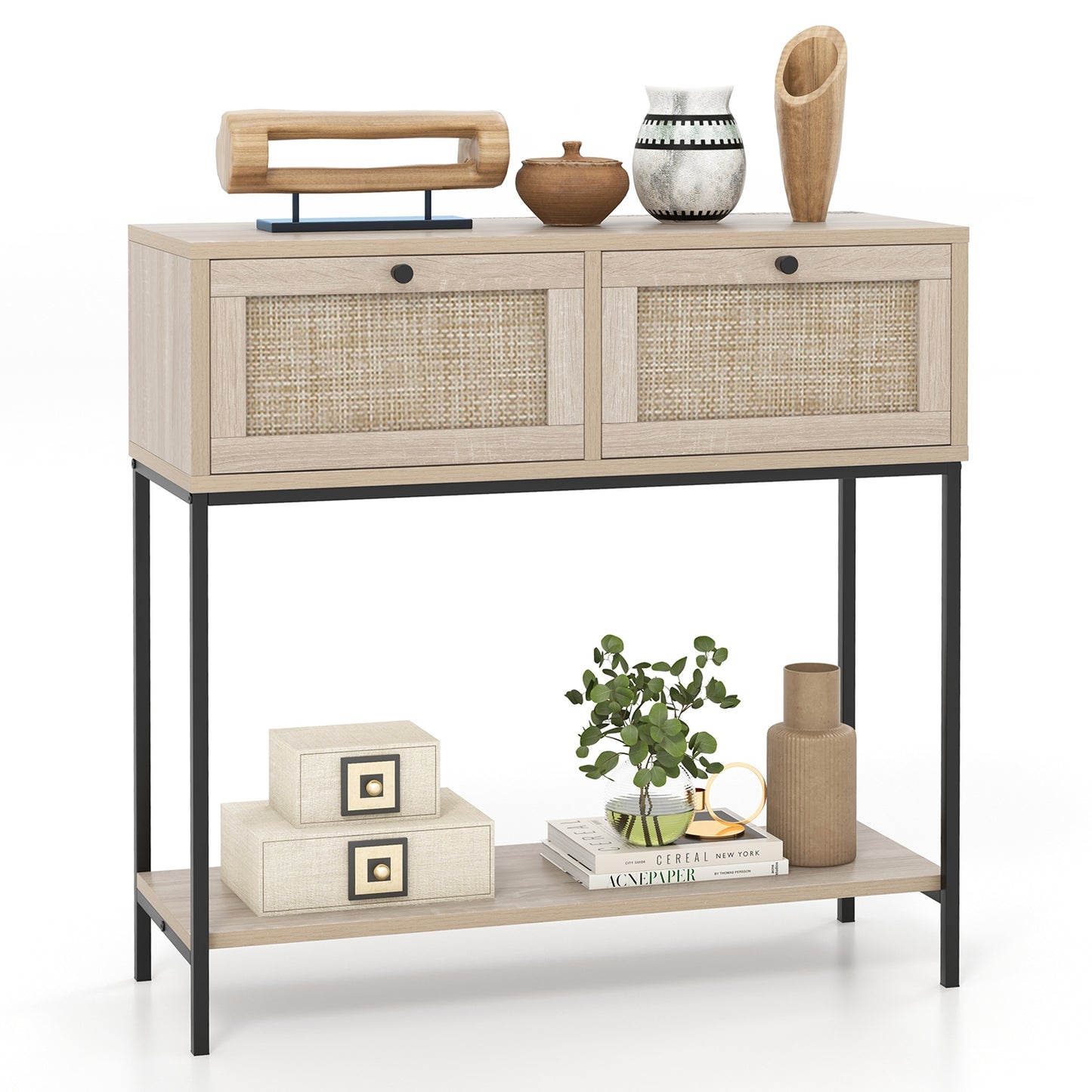 Rattan Console Table Boho Entryway Table with 2 Drawers and Open Storage Shelf-Oak