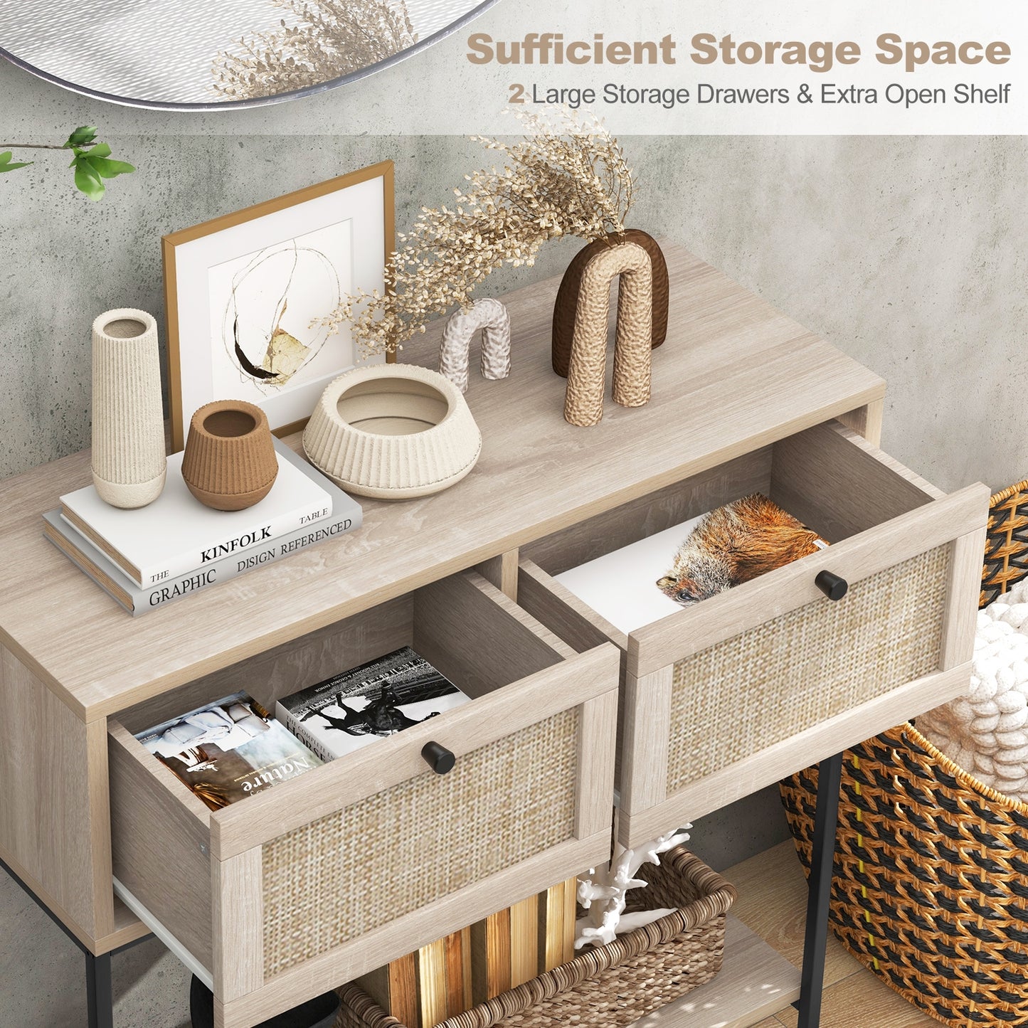 Rattan Console Table Boho Entryway Table with 2 Drawers and Open Storage Shelf-Oak
