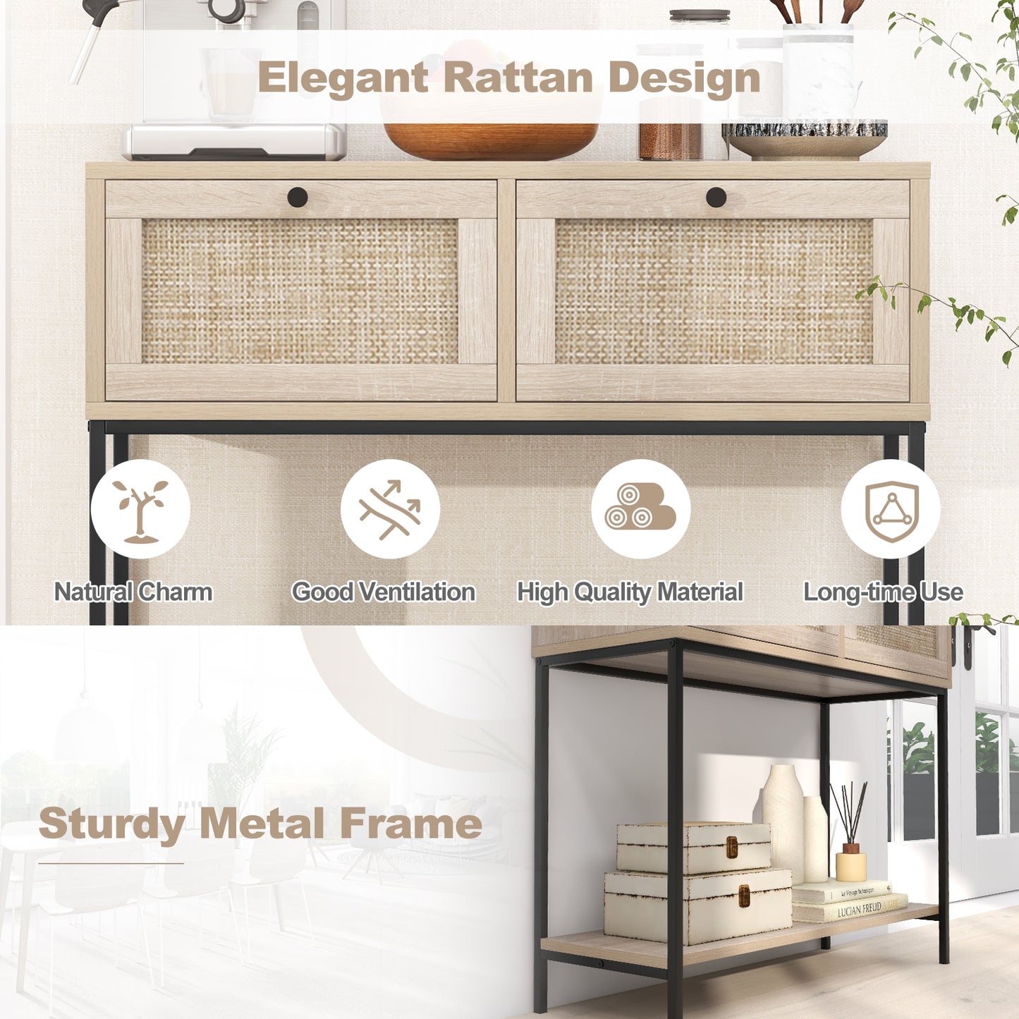 Rattan Console Table Boho Entryway Table with 2 Drawers and Open Storage Shelf-Oak
