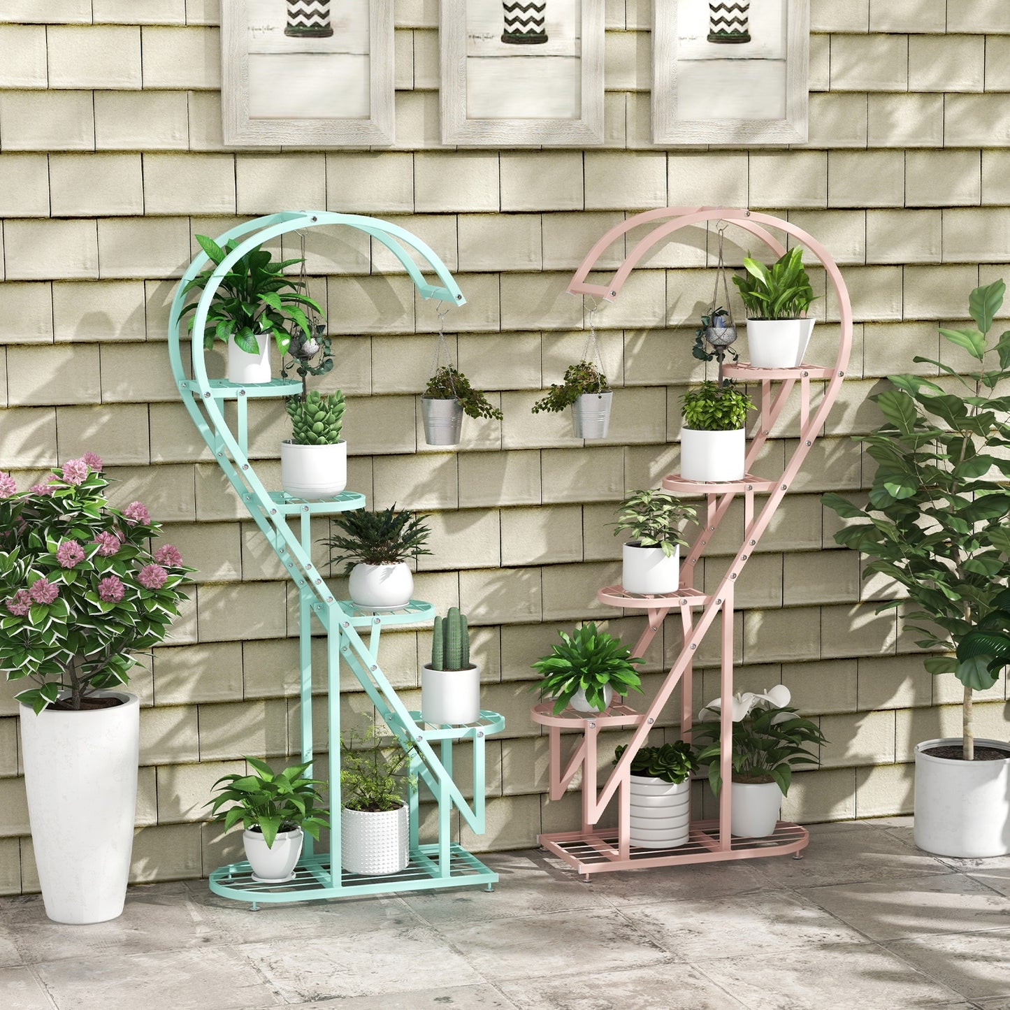5 Tier Metal Plant Stand with Hanging Hook for Multiple Plants-Pink & Blue  - Fully Assembled