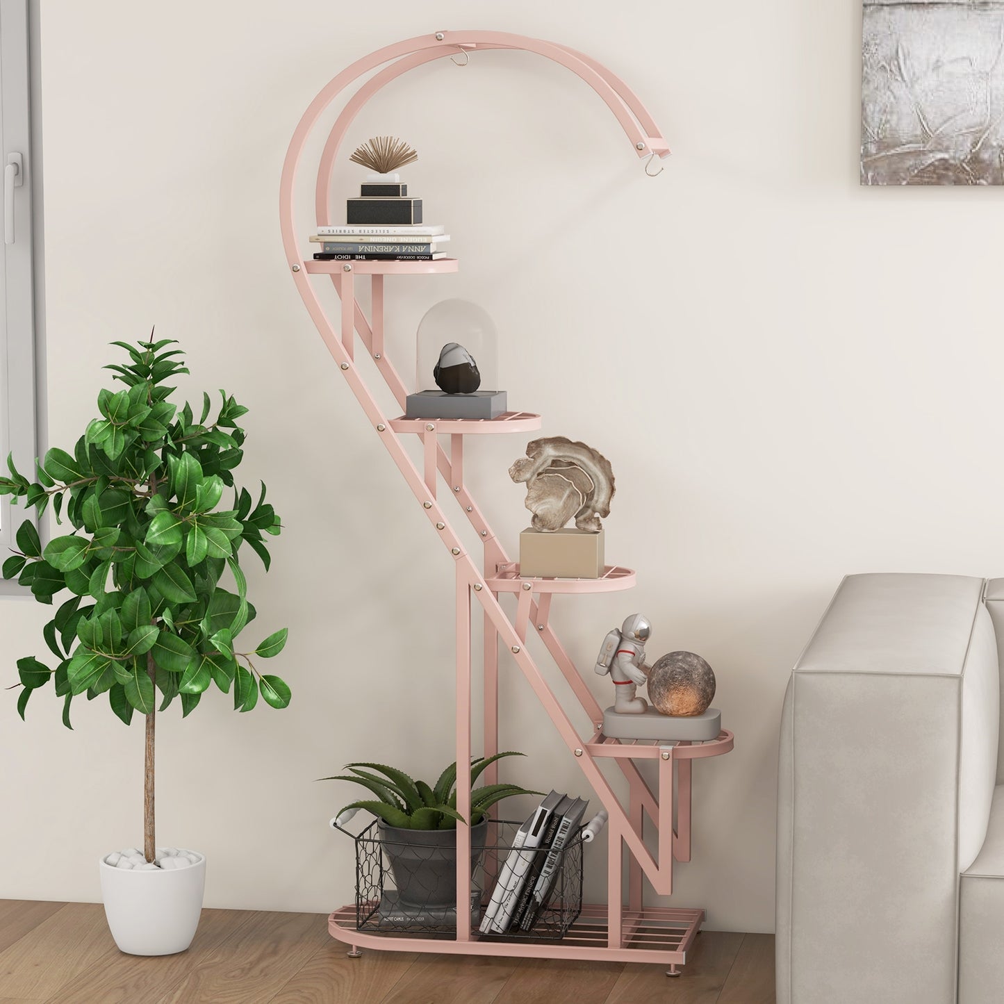 5 Tier Metal Plant Stand with Hanging Hook for Multiple Plants-Pink & Blue  - Fully Assembled