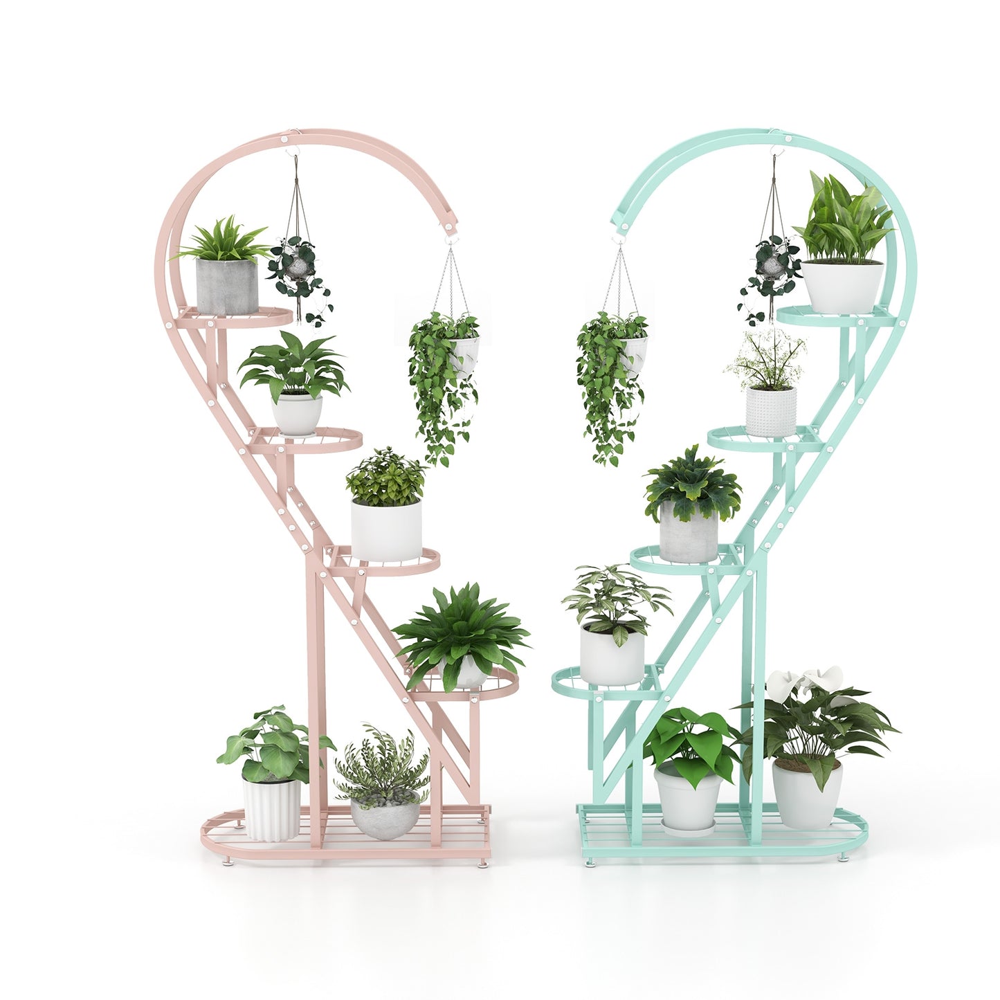 5 Tier Metal Plant Stand with Hanging Hook for Multiple Plants-Pink & Blue  - Fully Assembled