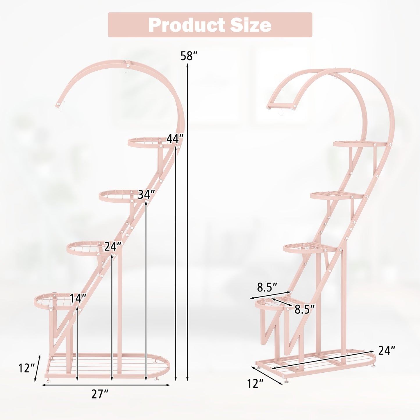 5 Tier Metal Plant Stand with Hanging Hook for Multiple Plants-Pink & Blue  - Fully Assembled