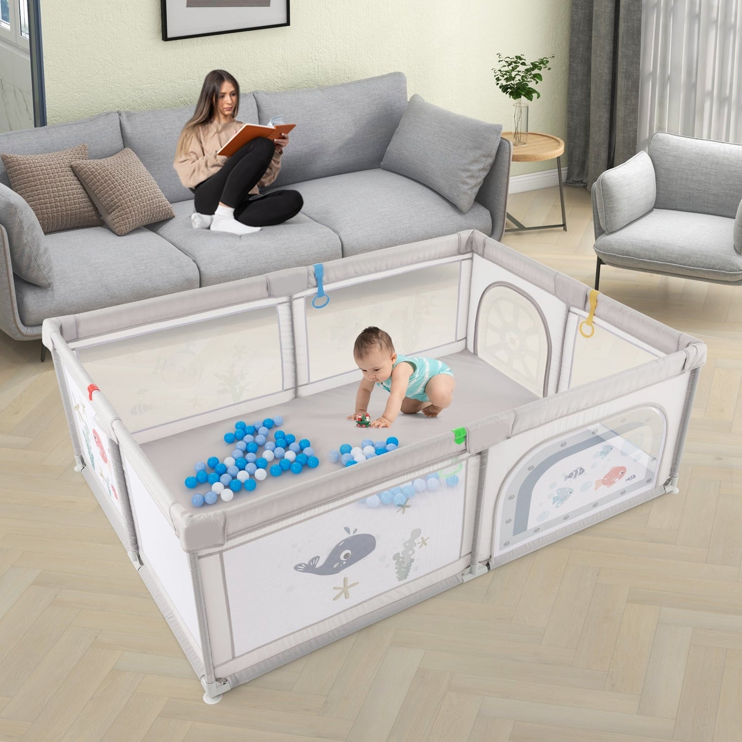 Large Baby Playpen with Pull Rings Ocean Balls and Cute Pattern-Whale - Unassembled