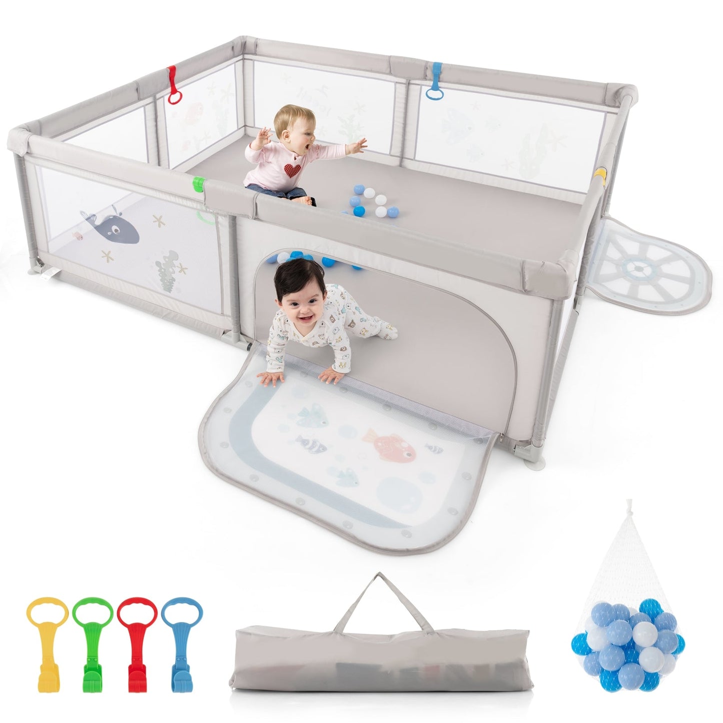 Large Baby Playpen with Pull Rings Ocean Balls and Cute Pattern-Whale - Unassembled