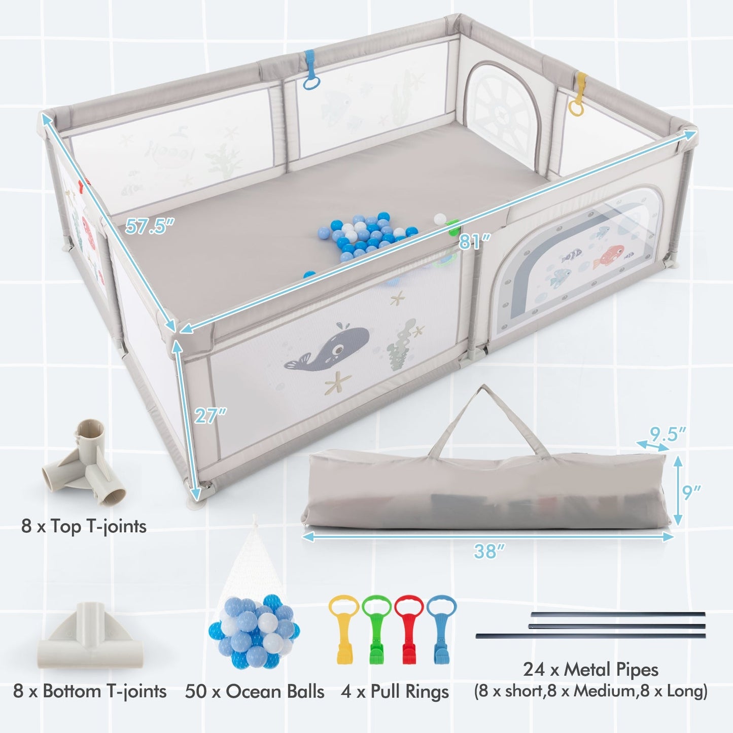 Large Baby Playpen with Pull Rings Ocean Balls and Cute Pattern-Whale - Unassembled