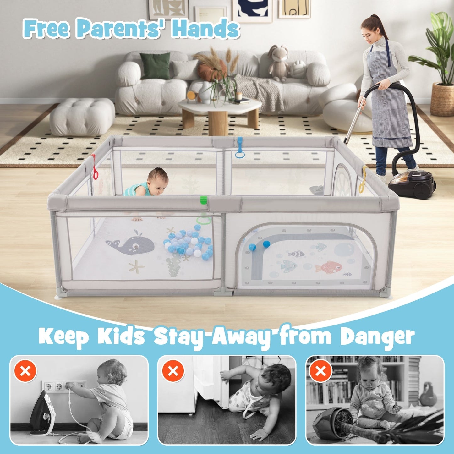 Large Baby Playpen with Pull Rings Ocean Balls and Cute Pattern-Whale - Unassembled