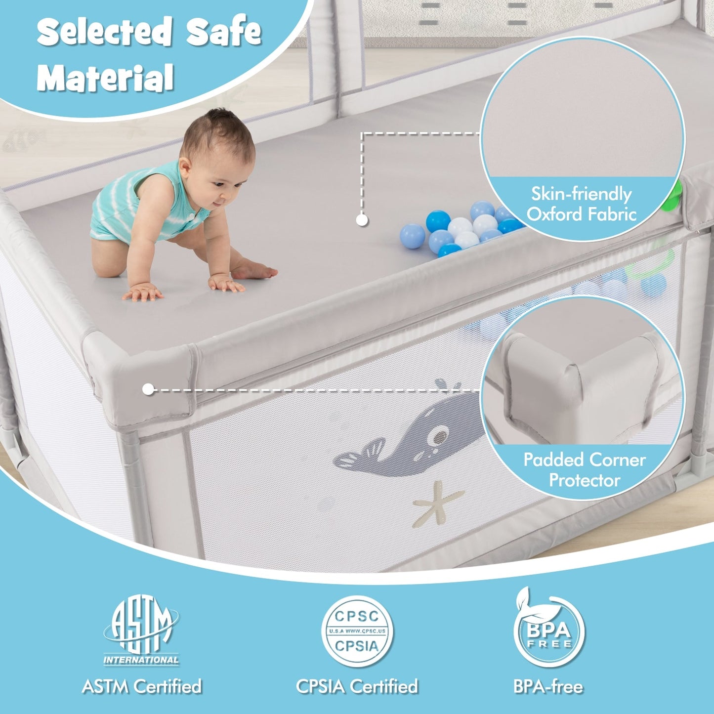 Large Baby Playpen with Pull Rings Ocean Balls and Cute Pattern-Whale - Unassembled