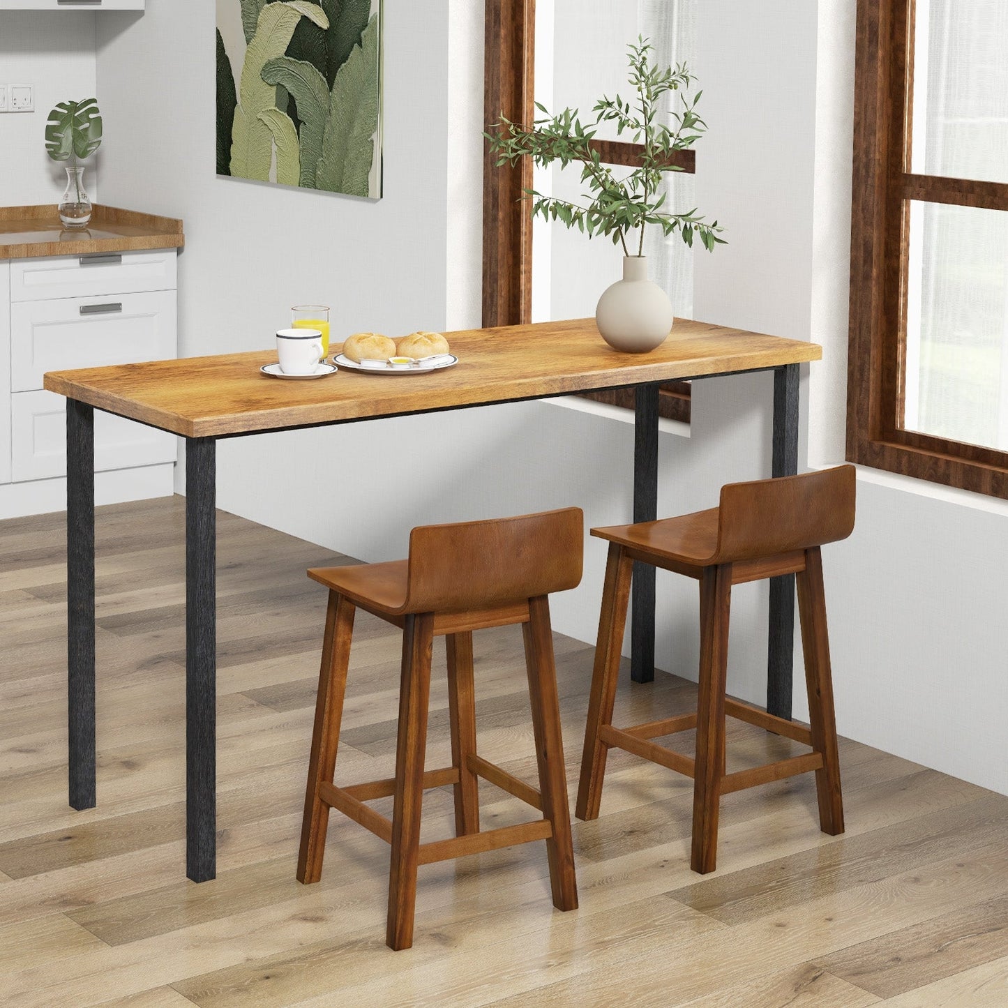 24.5``Wood Bar Stools Set of 2 with Solid Back and Sea, Assembled
