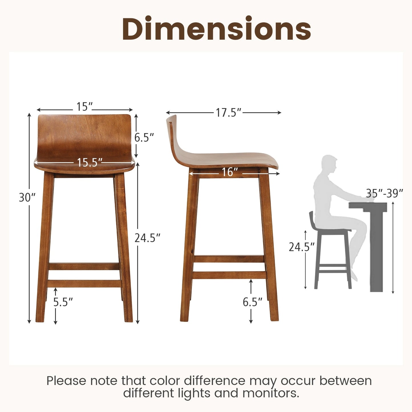 24.5``Wood Bar Stools Set of 2 with Solid Back and Sea, Assembled