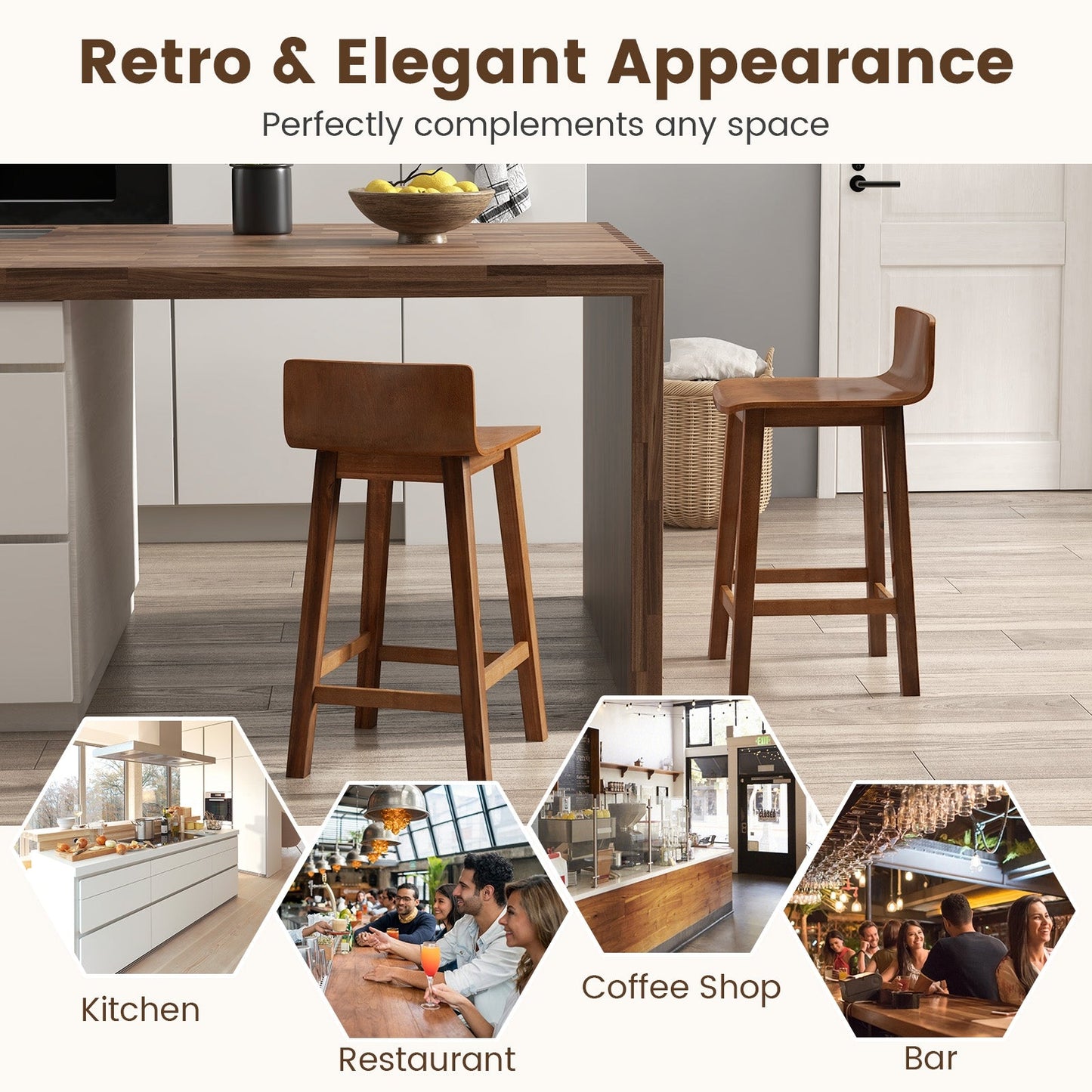 24.5``Wood Bar Stools Set of 2 with Solid Back and Sea, Assembled