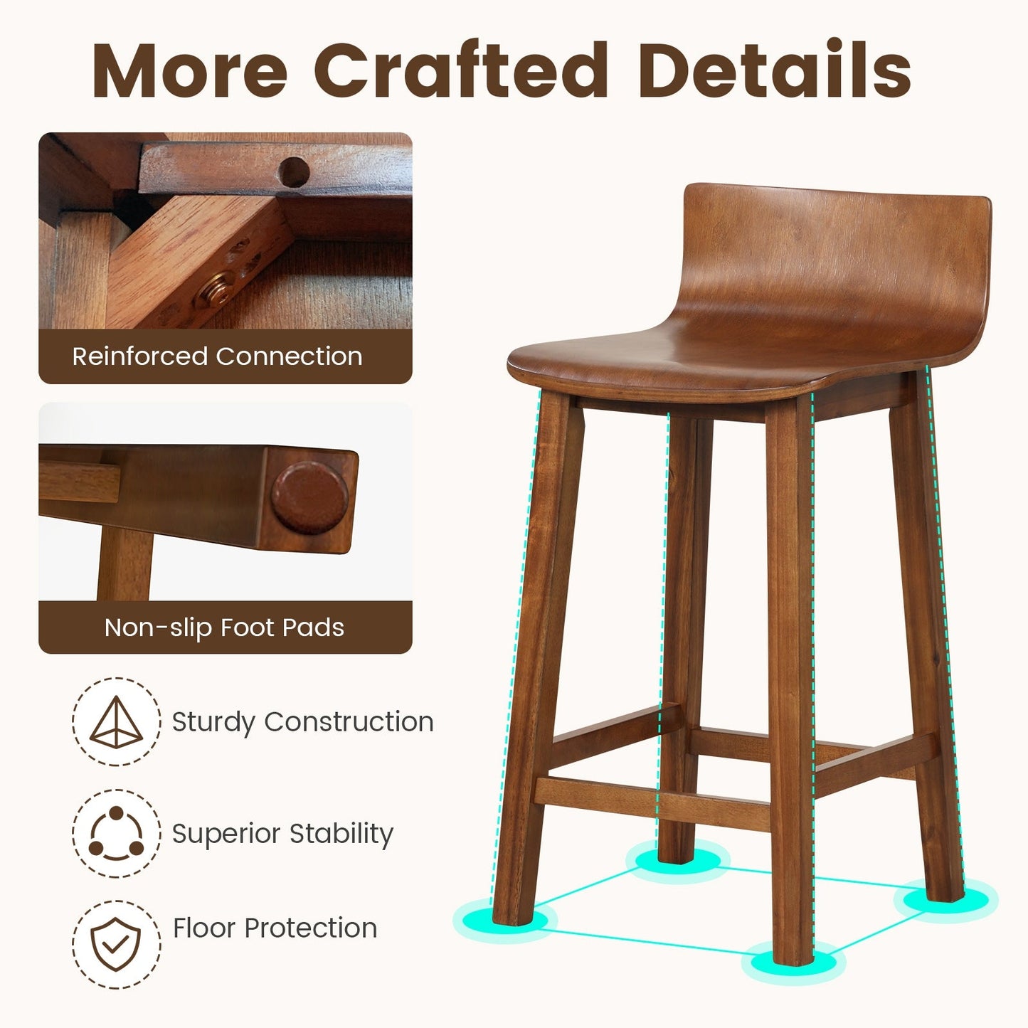 24.5``Wood Bar Stools Set of 2 with Solid Back and Sea, Assembled