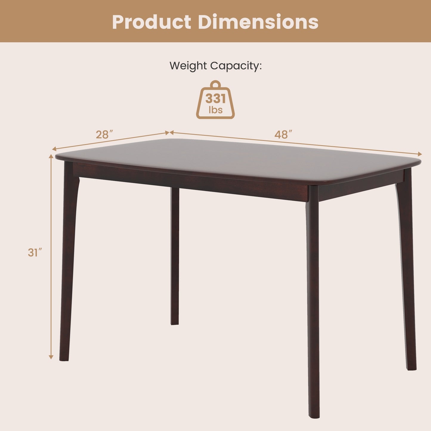 48 Inch Solid Wood Dining Table with Rubber Wood Supporting Legs - Espresso