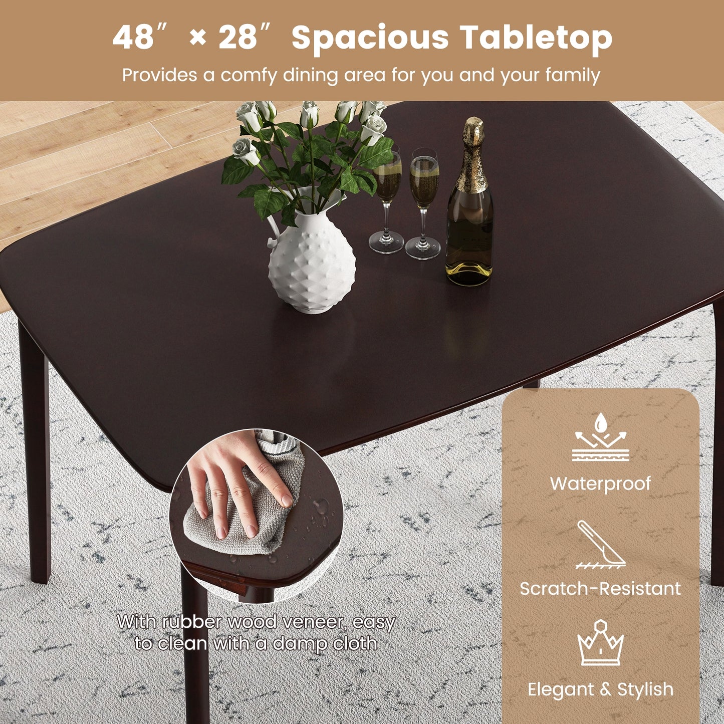 48 Inch Solid Wood Dining Table with Rubber Wood Supporting Legs - Espresso