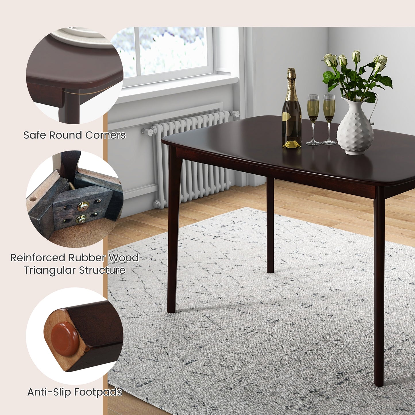 48 Inch Solid Wood Dining Table with Rubber Wood Supporting Legs - Espresso