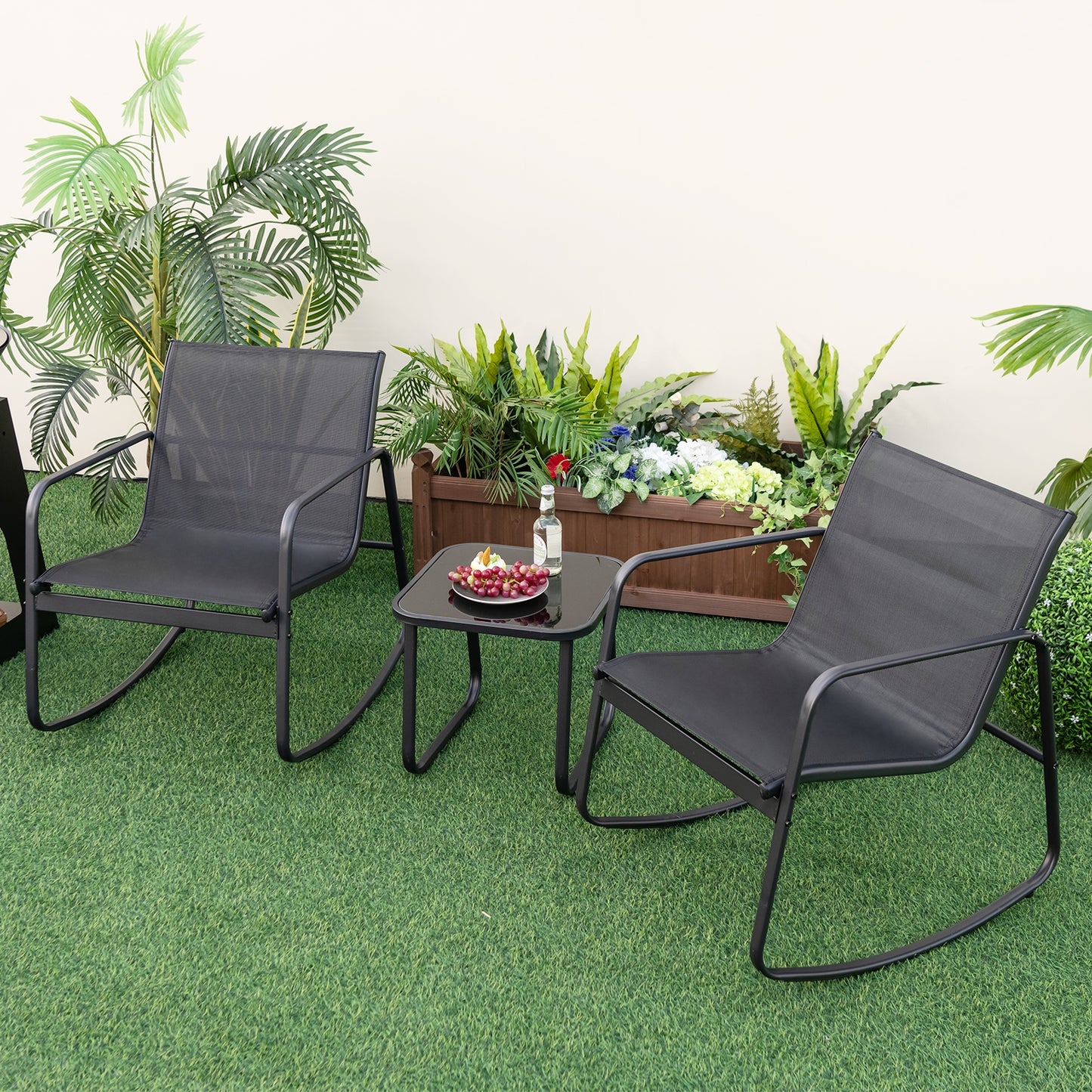 2 Rocking Bistro Chairs and Glass-Top Table -Black, 1 box, unassembled