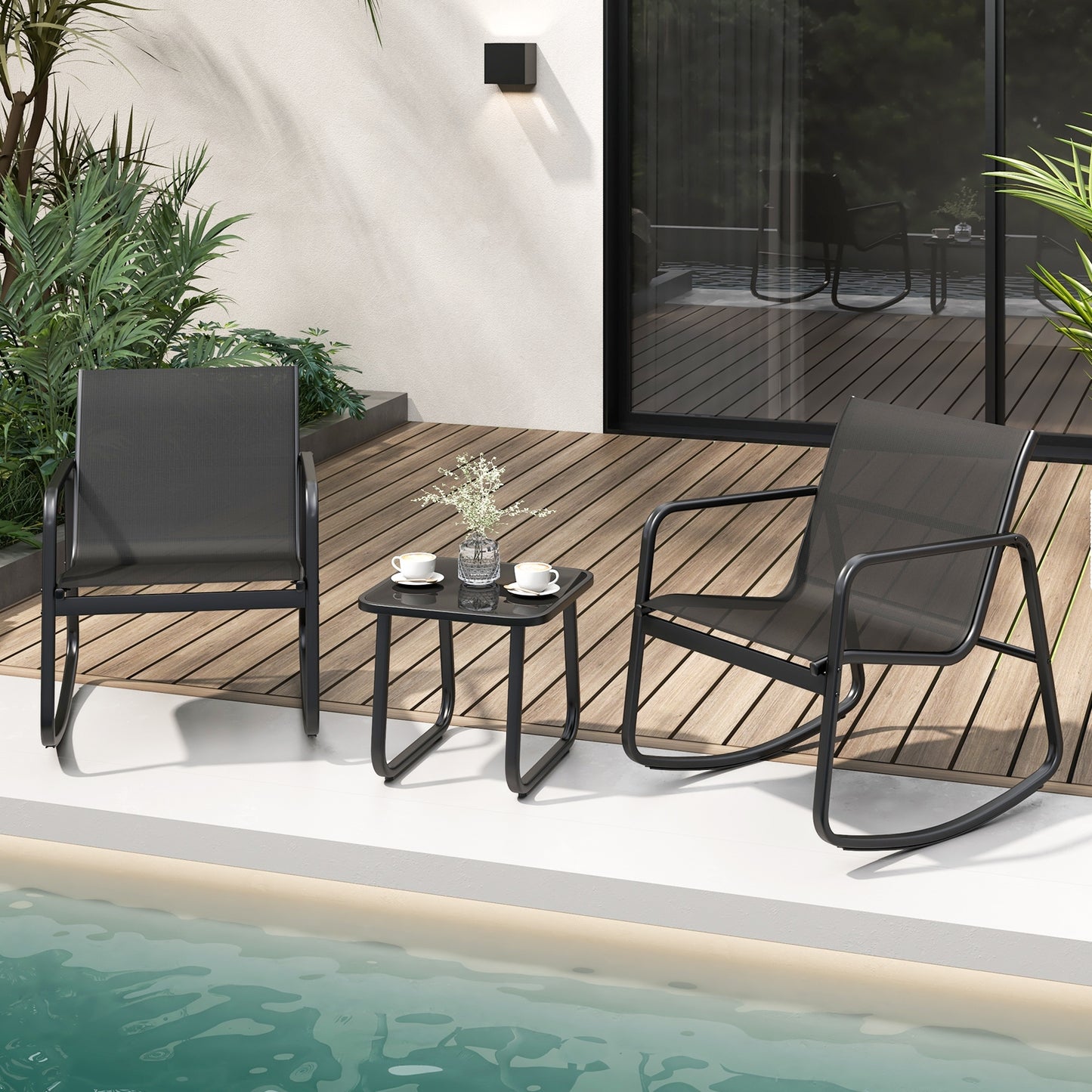 2 Rocking Bistro Chairs and Glass-Top Table -Black, 1 box, unassembled