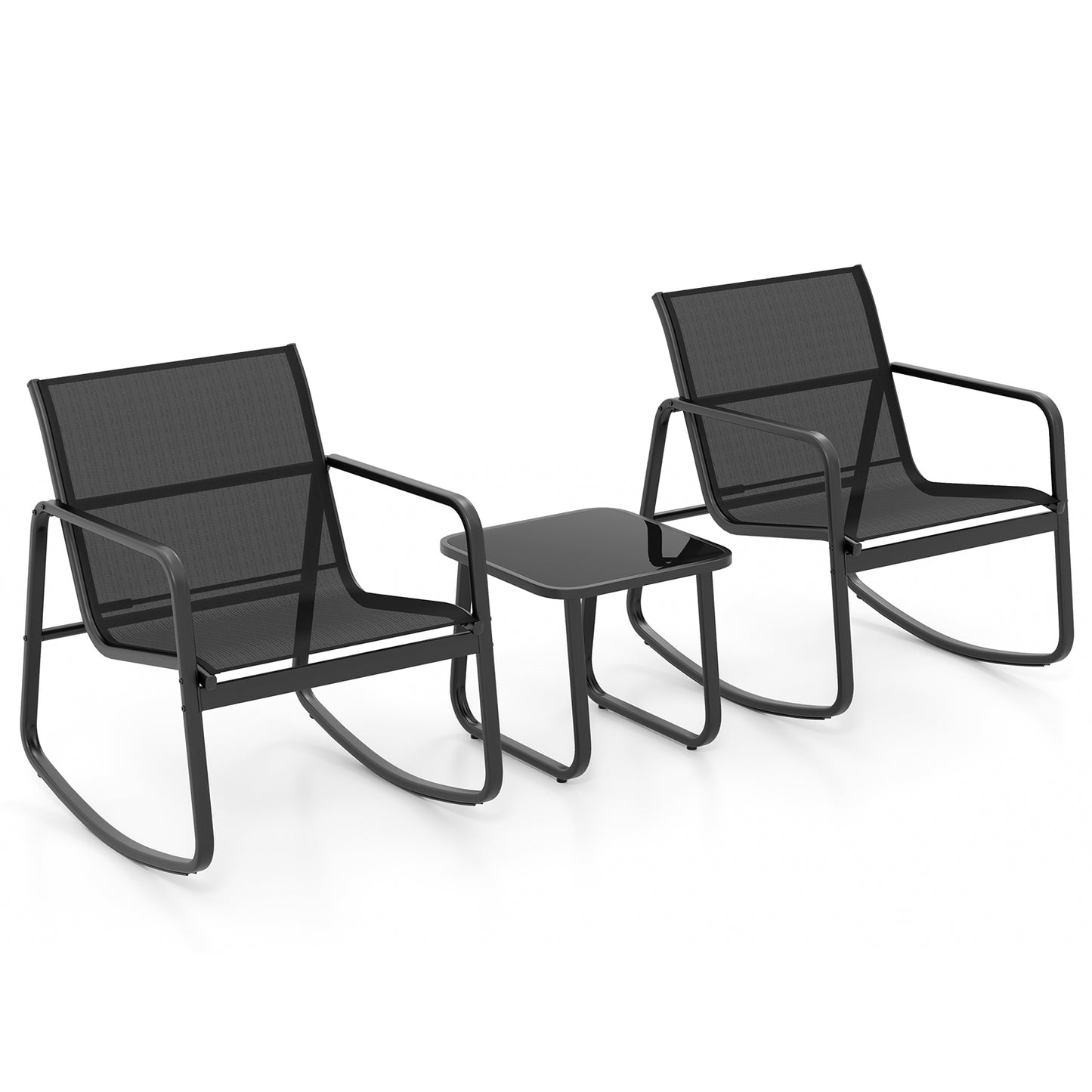 2 Rocking Bistro Chairs and Glass-Top Table -Black, 1 box, unassembled