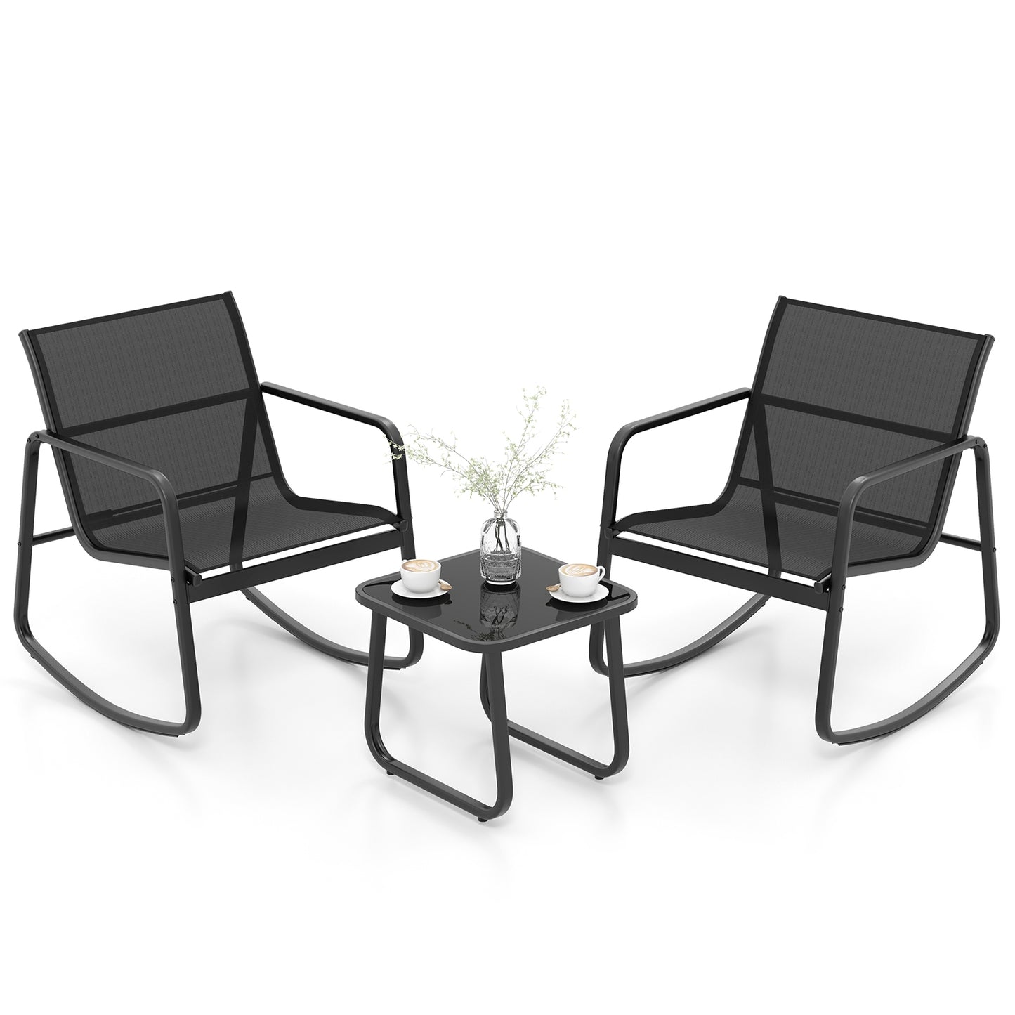 2 Rocking Bistro Chairs and Glass-Top Table -Black, 1 box, unassembled