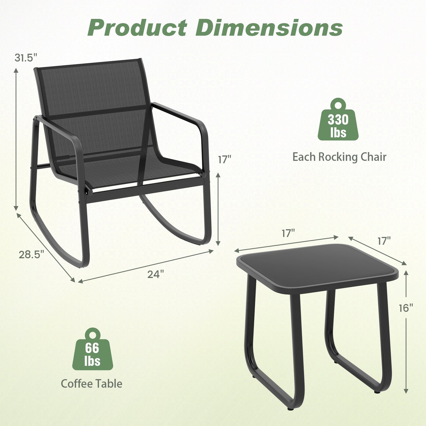 2 Rocking Bistro Chairs and Glass-Top Table -Black, 1 box, unassembled