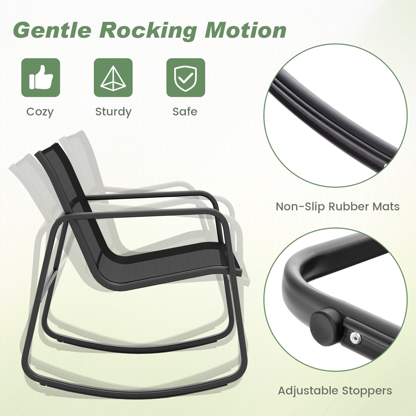 2 Rocking Bistro Chairs and Glass-Top Table -Black, 1 box, unassembled