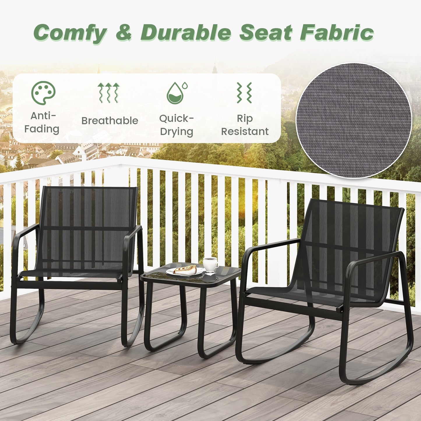 2 Rocking Bistro Chairs and Glass-Top Table -Black, 1 box, unassembled
