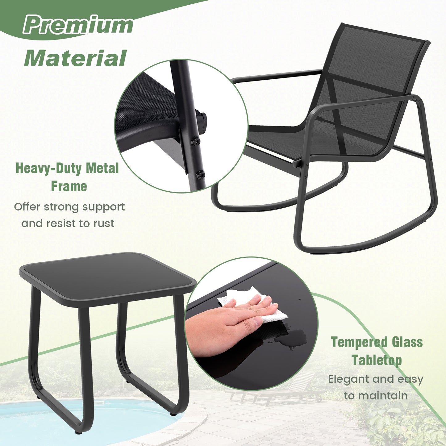 2 Rocking Bistro Chairs and Glass-Top Table -Black, 1 box, unassembled
