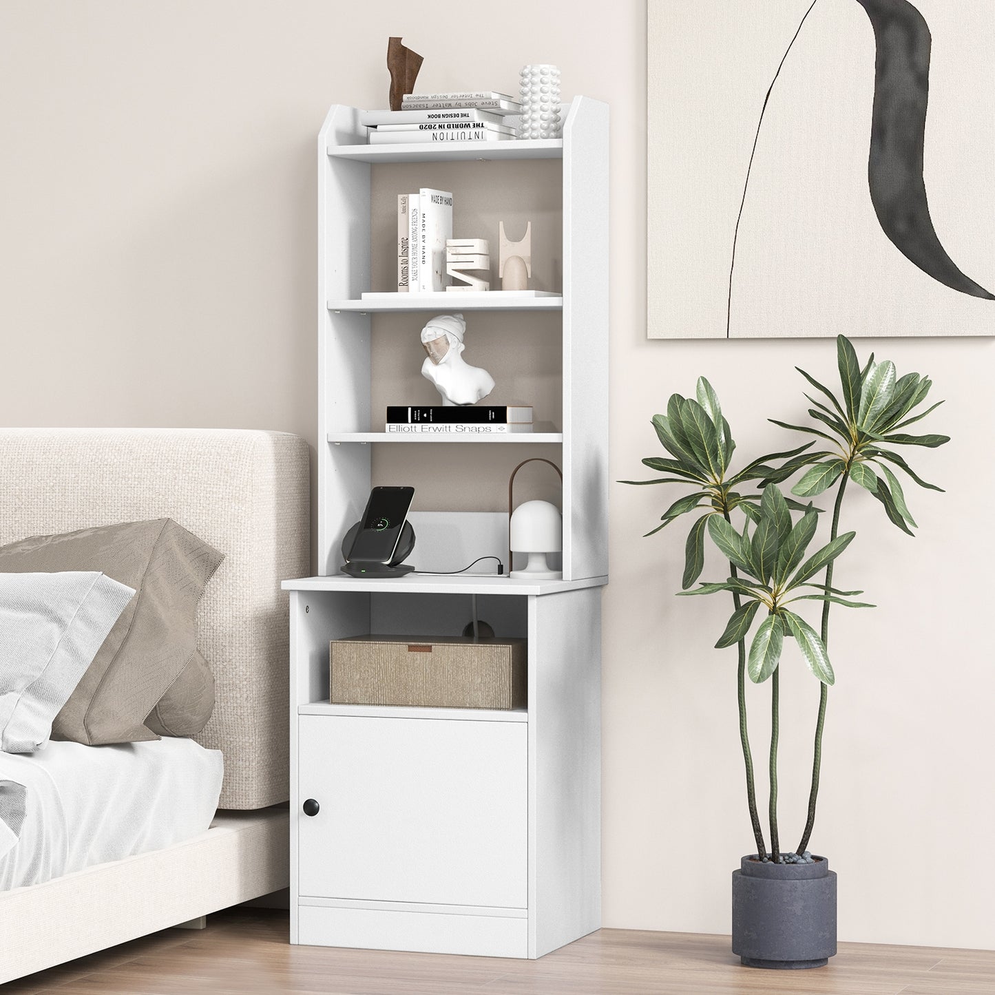 Bedside Tables Tall Nightstands with 5 Open Shelf and Cabinet-White *fully assembled*