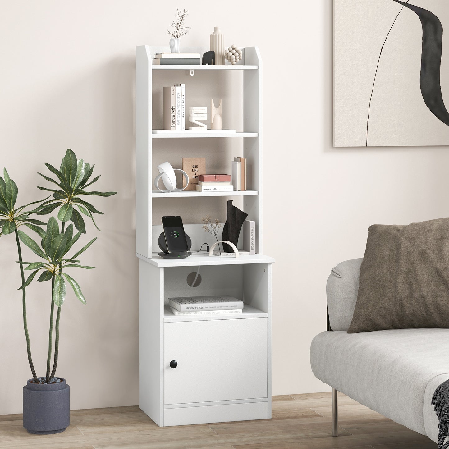 Bedside Tables Tall Nightstands with 5 Open Shelf and Cabinet-White *fully assembled*