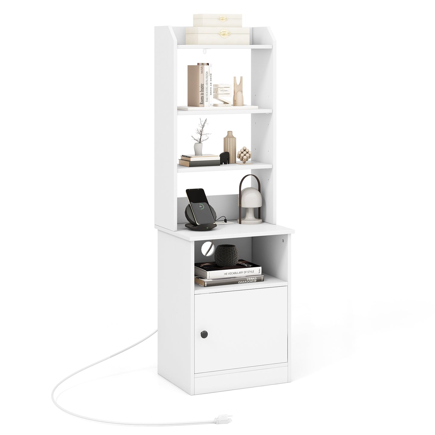 Bedside Tables Tall Nightstands with 5 Open Shelf and Cabinet-White *fully assembled*