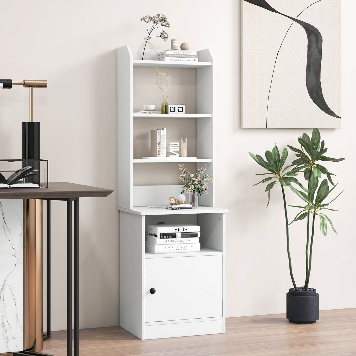 Bedside Tables Tall Nightstands with 5 Open Shelf and Cabinet-White *fully assembled*