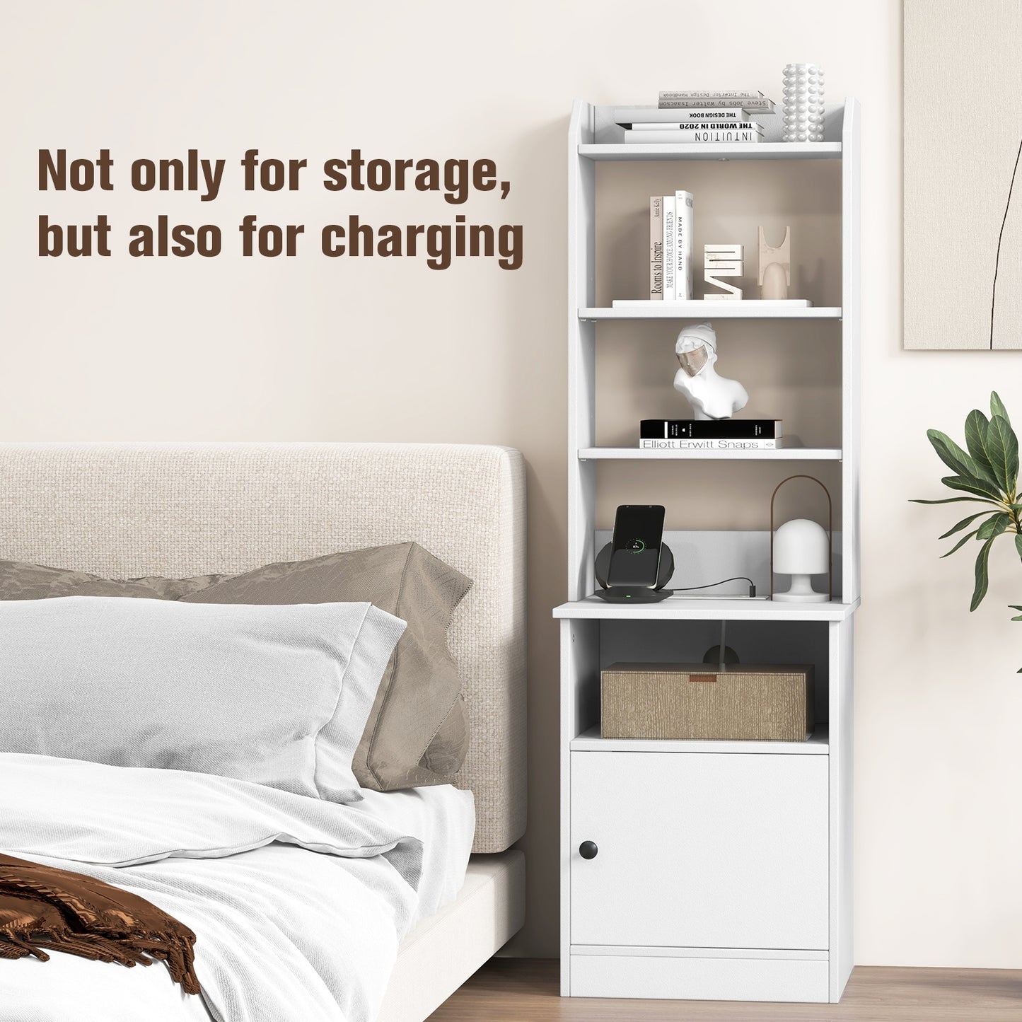 Bedside Tables Tall Nightstands with 5 Open Shelf and Cabinet-White *fully assembled*