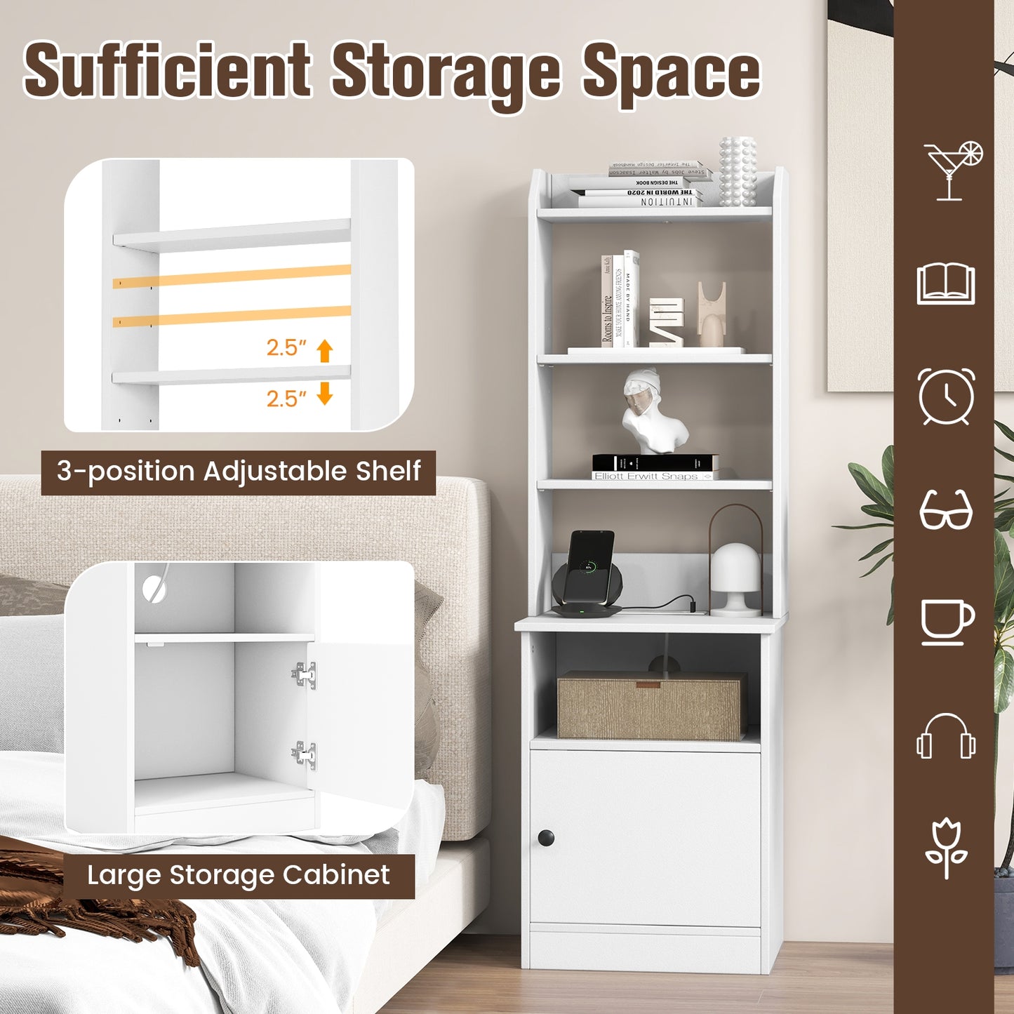 Bedside Tables Tall Nightstands with 5 Open Shelf and Cabinet-White *fully assembled*