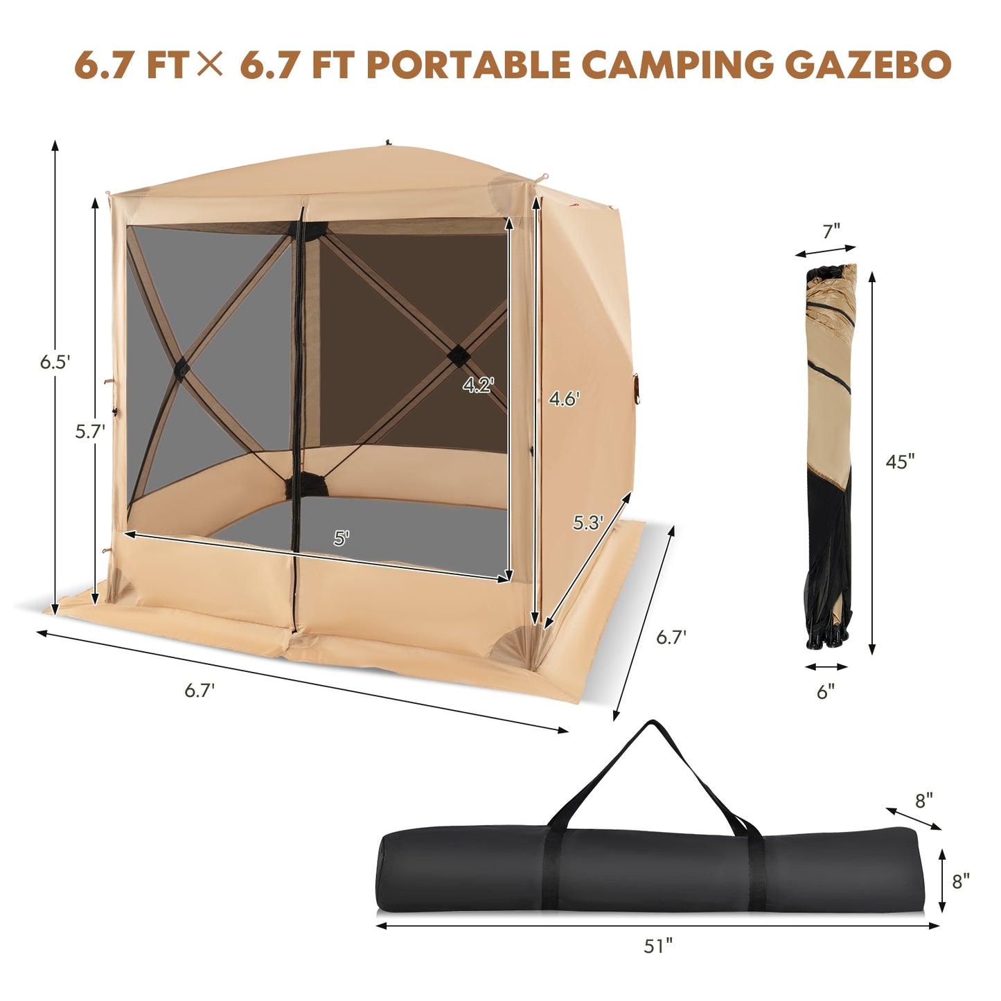 6.7 x 6.7 Feet Pop Up Gazebo with Netting and Carry Bag-Coffee (Customer Return)