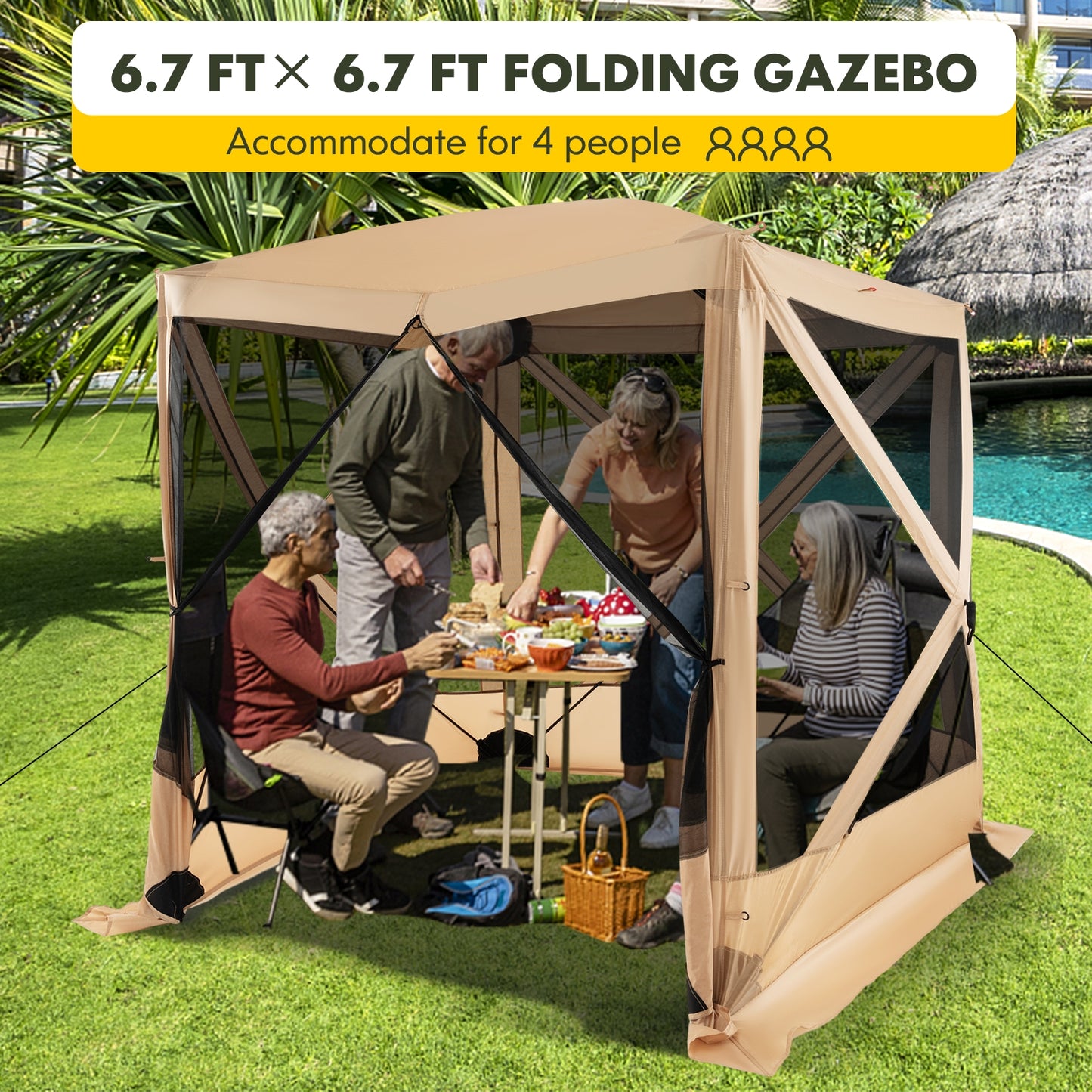 6.7 x 6.7 Feet Pop Up Gazebo with Netting and Carry Bag-Coffee (Customer Return)