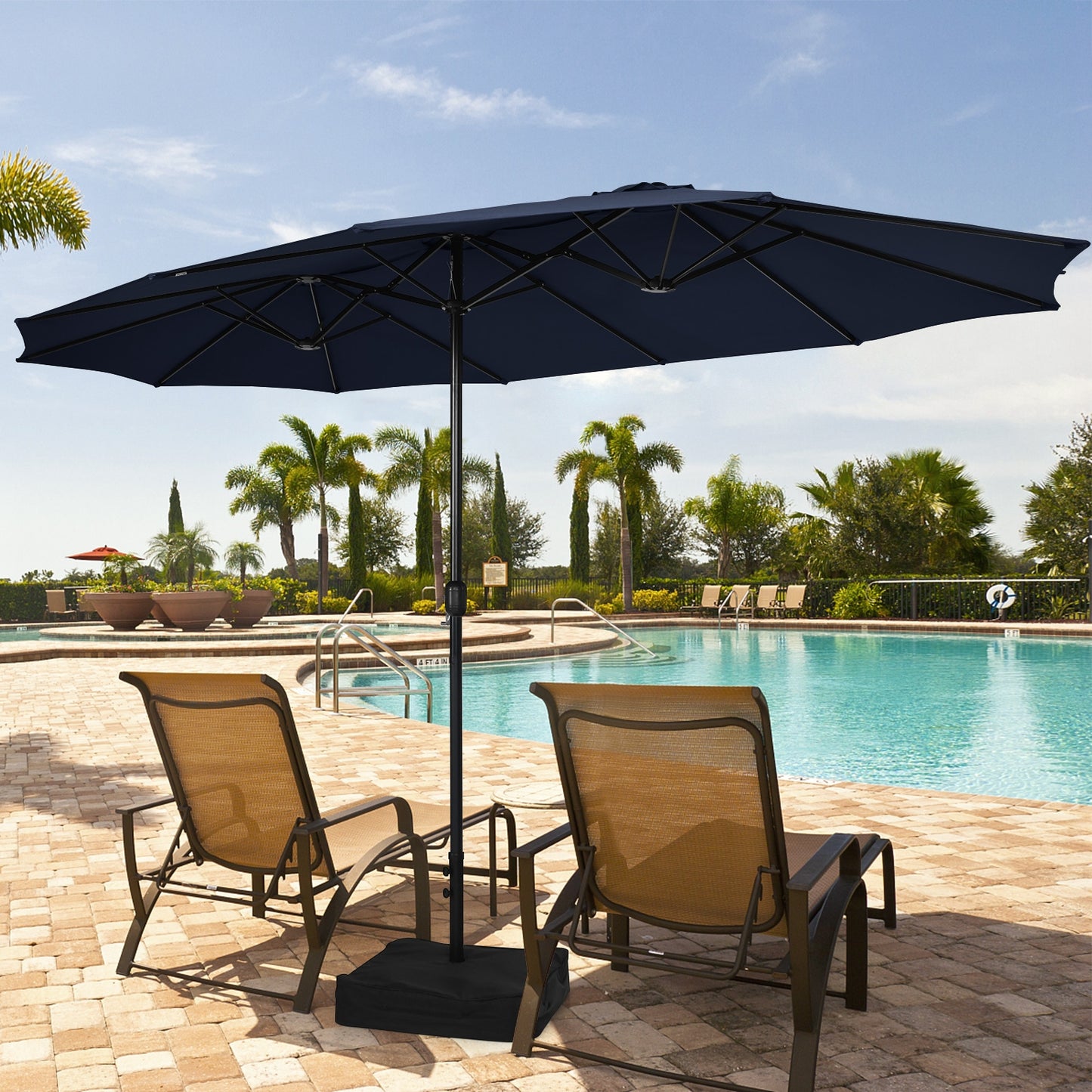 15 Feet Double-Sided Twin Patio Umbrella with Crank and Base-Navy, 1 box, unassembled