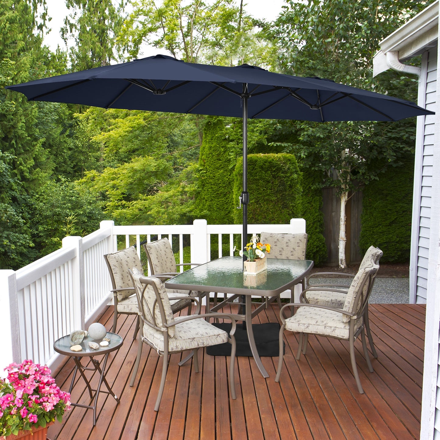 15 Feet Double-Sided Twin Patio Umbrella with Crank and Base-Navy, 1 box, unassembled