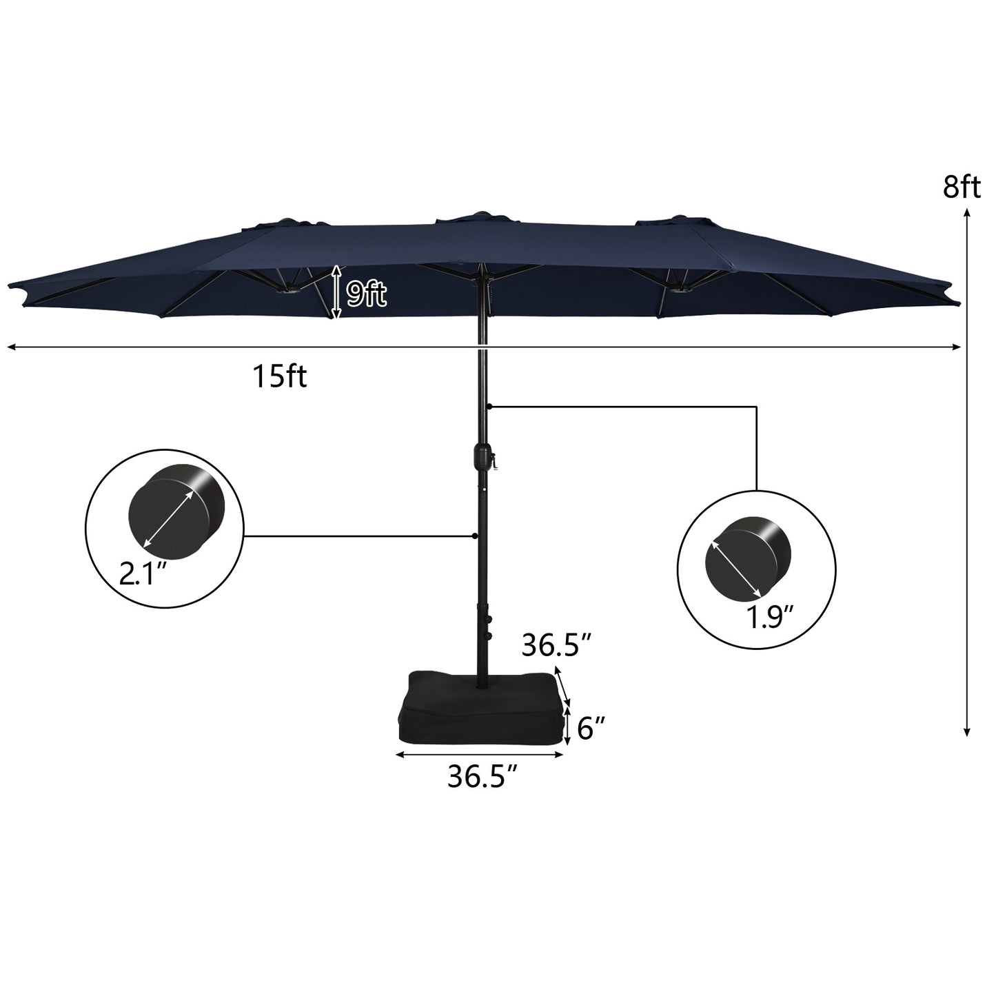15 Feet Double-Sided Twin Patio Umbrella with Crank and Base-Navy, 1 box, unassembled