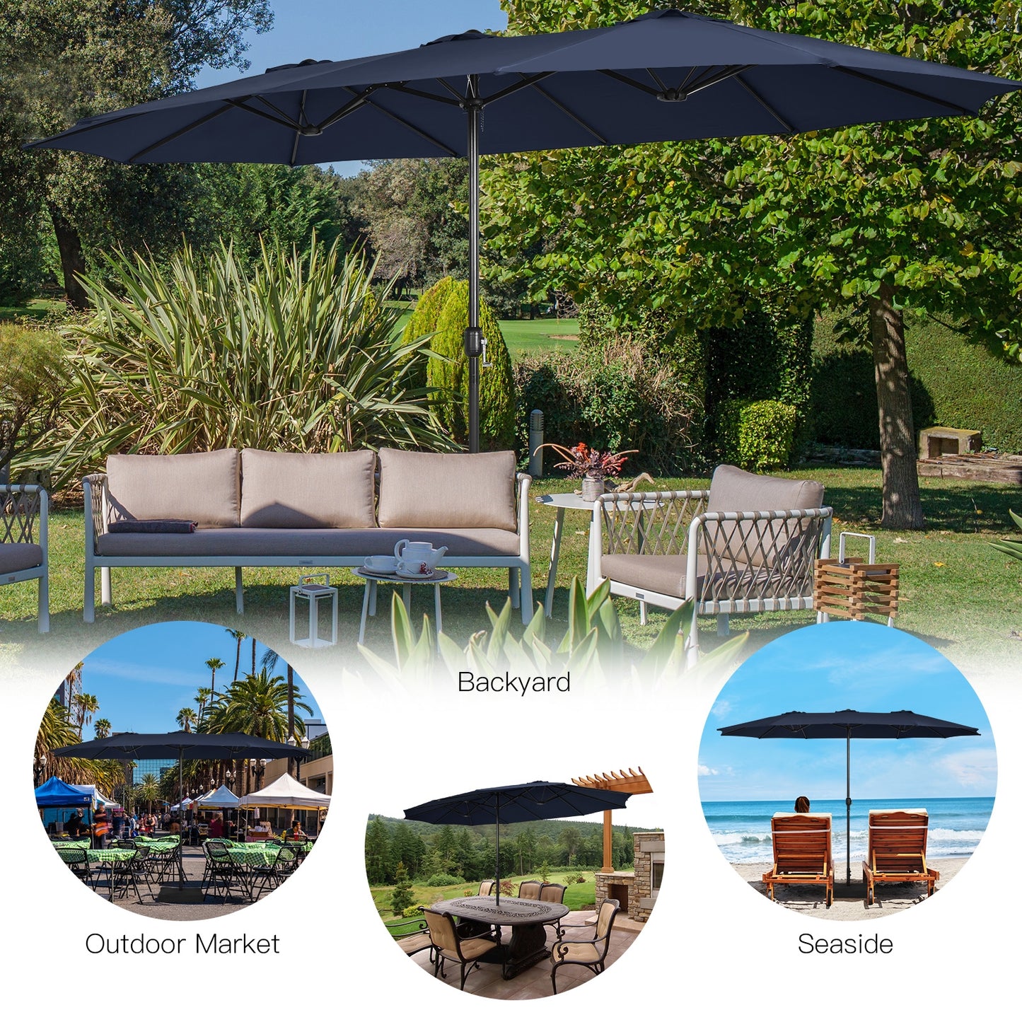 15 Feet Double-Sided Twin Patio Umbrella with Crank and Base-Navy, 1 box, unassembled