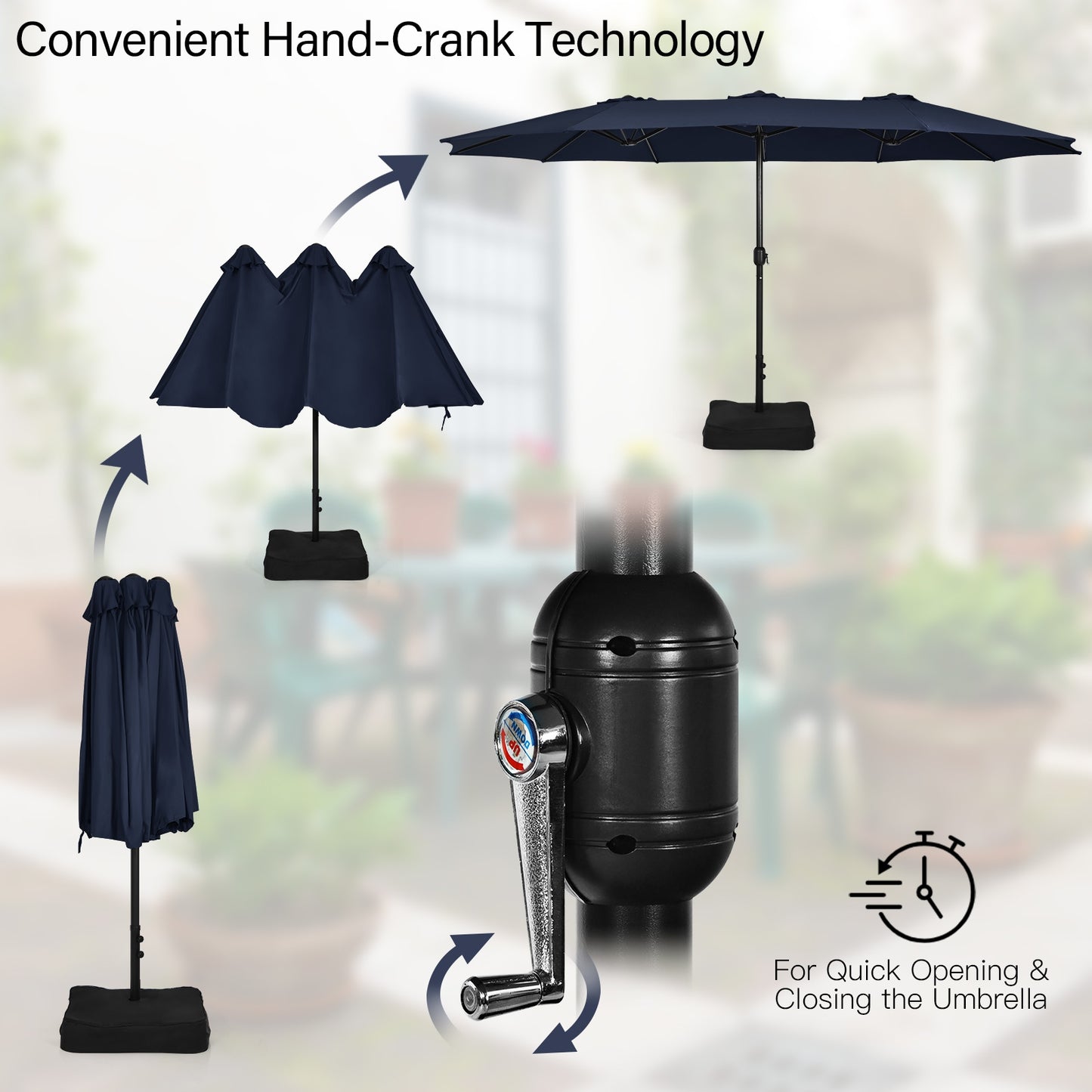 15 Feet Double-Sided Twin Patio Umbrella with Crank and Base-Navy, 1 box, unassembled