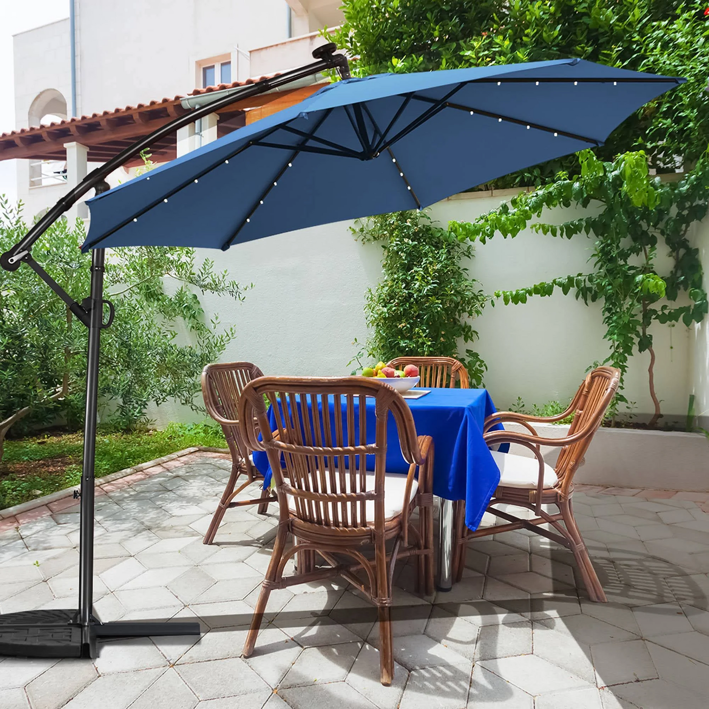 10 Feet Patio Offset Umbrella with 32 Solar-Powered LED Lights-Navy-1 box, unassembled