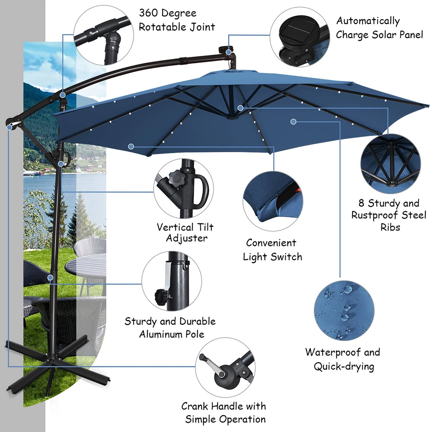 10 Feet Patio Offset Umbrella with 32 Solar-Powered LED Lights-Navy-1 box, unassembled